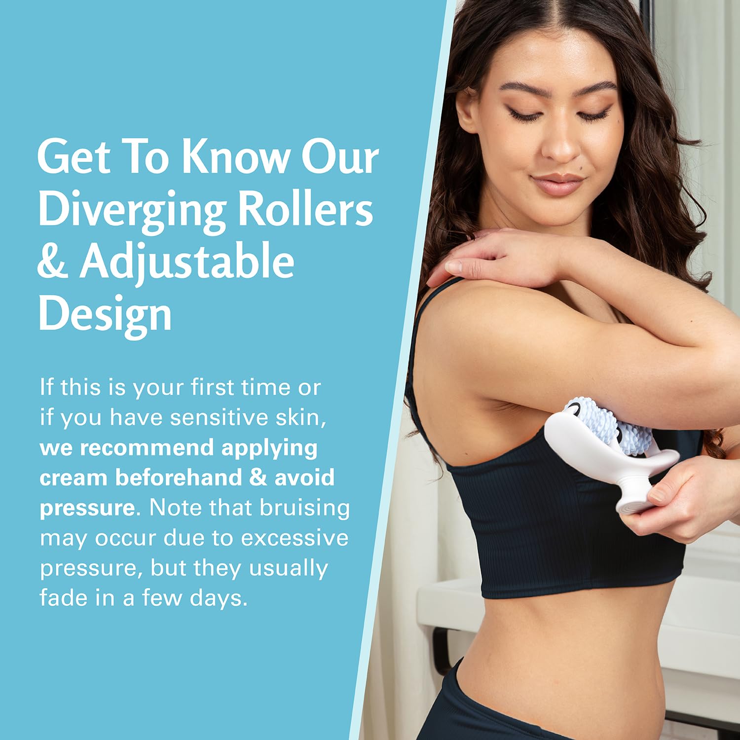 M3 Naturals cellulite roller in use on thigh to contour the area