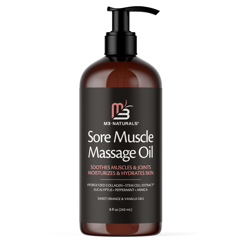 M3 Naturals massage oil applied to skin showing smooth, even spread