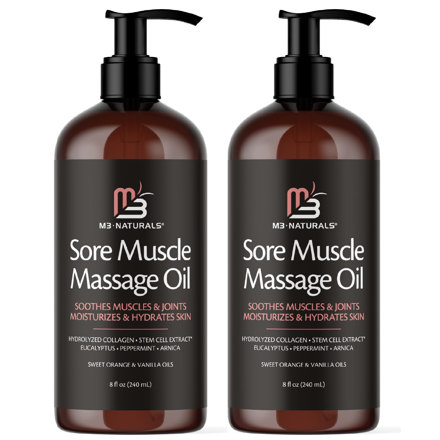 M3 Naturals Arnica massage oil bottle for sore muscles with quick absorption.