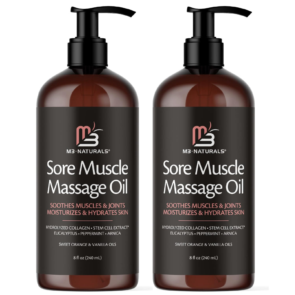 M3 Naturals Arnica massage oil bottle for sore muscles with quick absorption.