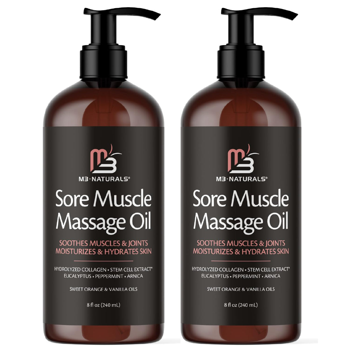 M3 Naturals Arnica massage oil bottle for sore muscles with quick absorption.