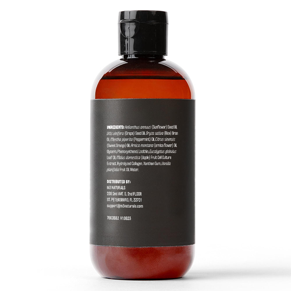 M3 Naturals bottle label highlights collagen stem cells and menthol.