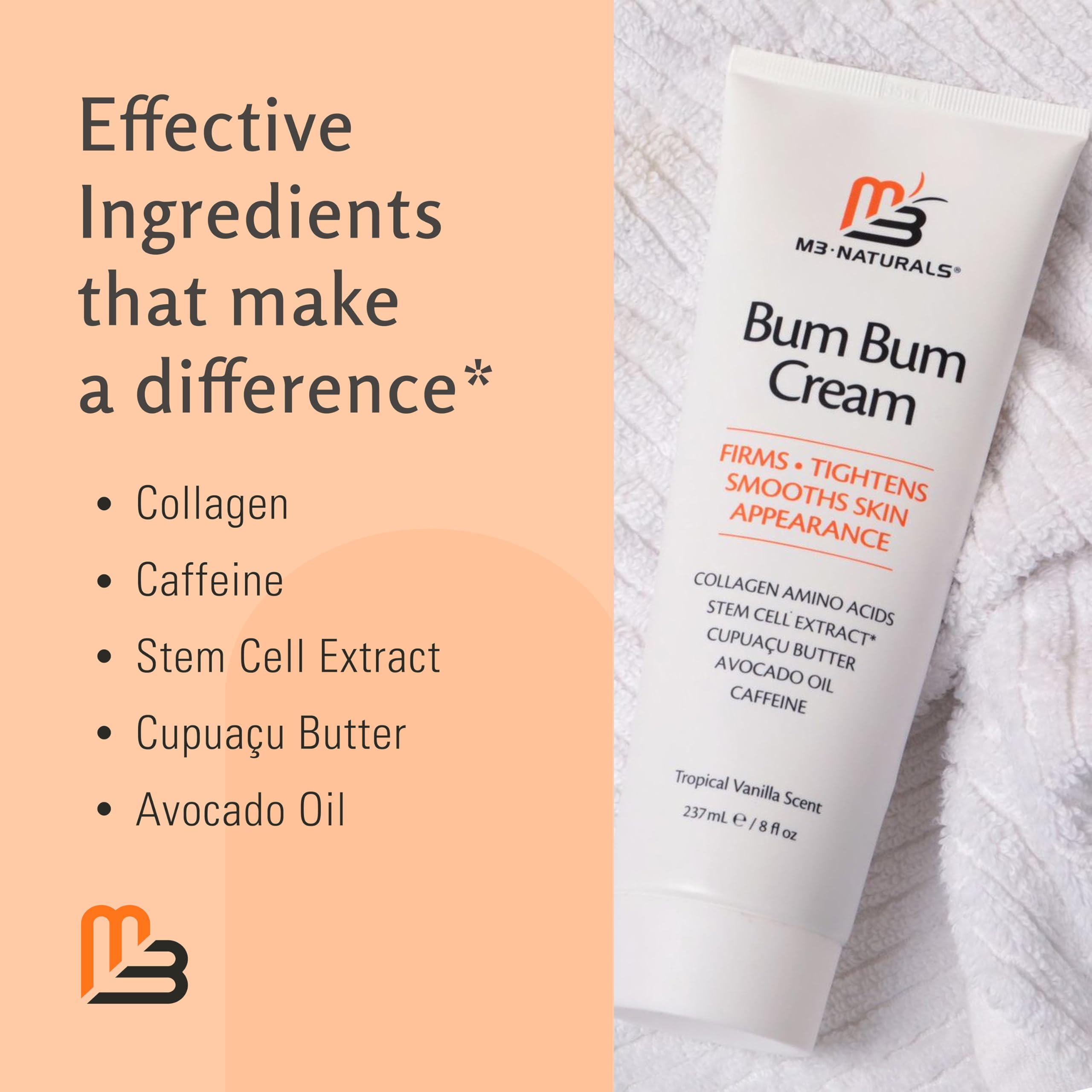 M3 Naturals Bum Bum Cream on belly, hips, and thighs for tone