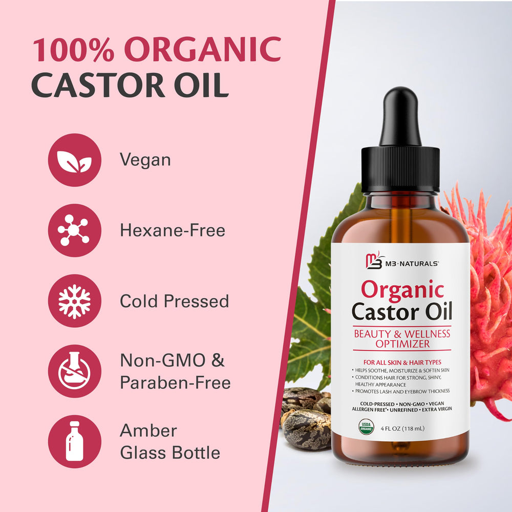 M3 Naturals castor oil belly-button oiling setup for a self-care ritual.