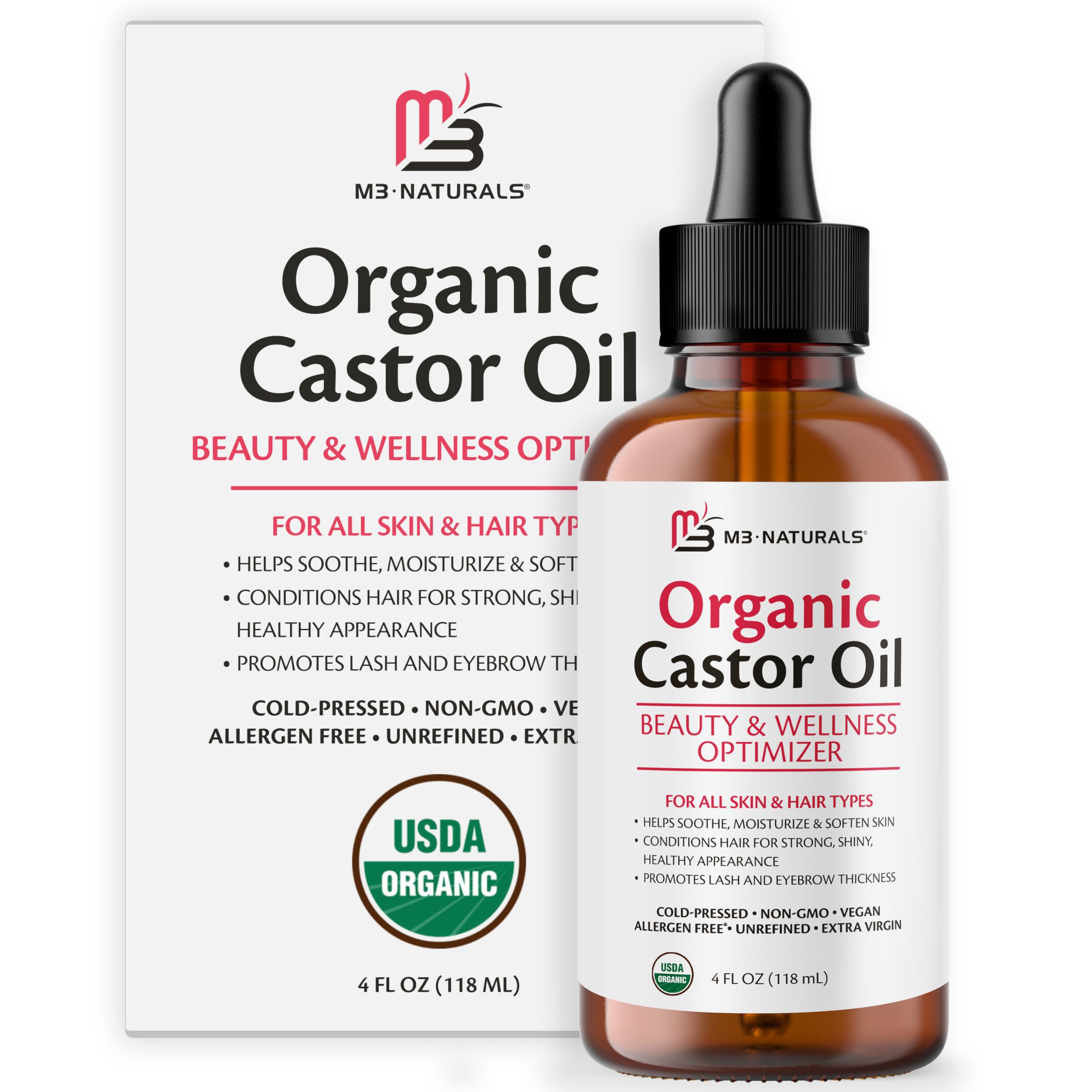 M3 Naturals castor oil bottle 4oz for skin and hair hydration.