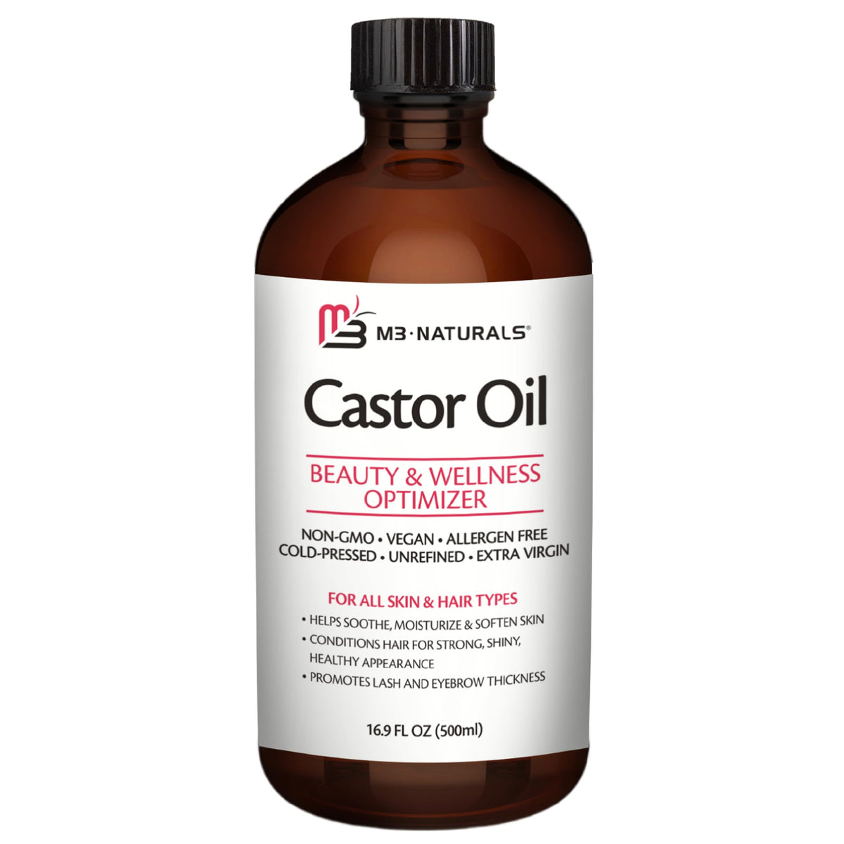 M3 Naturals castor oil bottle glass 16oz for hair and skin care.