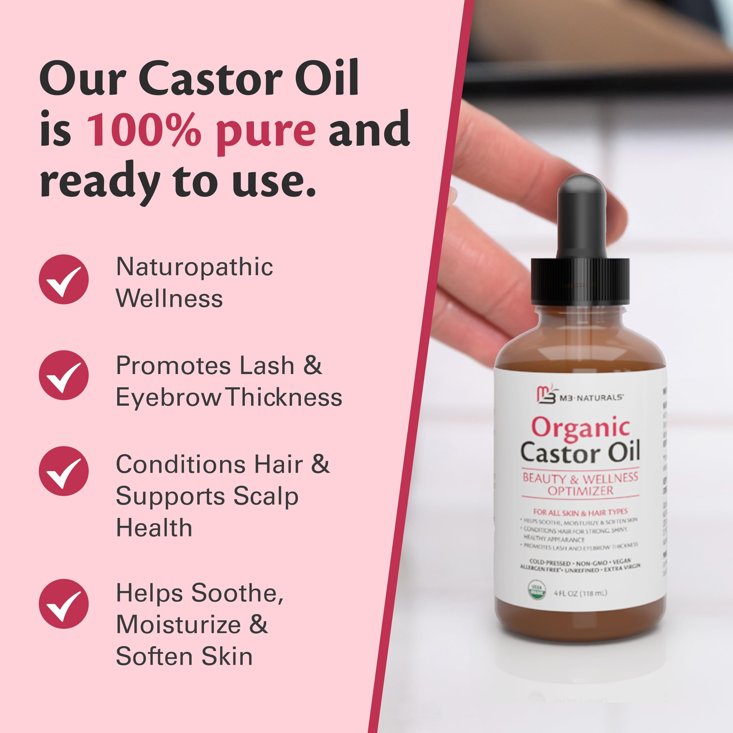 M3 Naturals castor oil shown for DIY essential oil blends and routines.