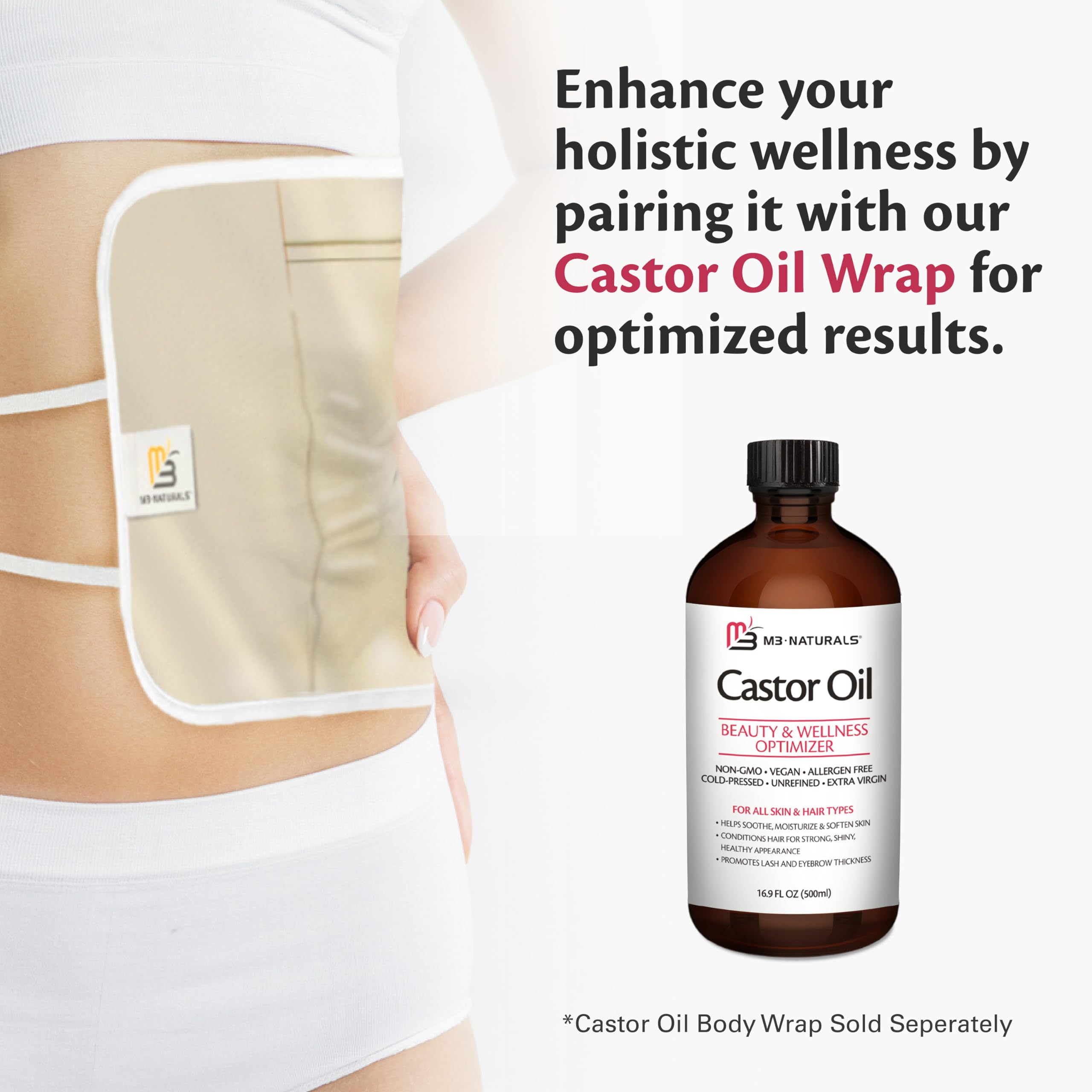 M3 Naturals castor oil pack setup with glass bottle.