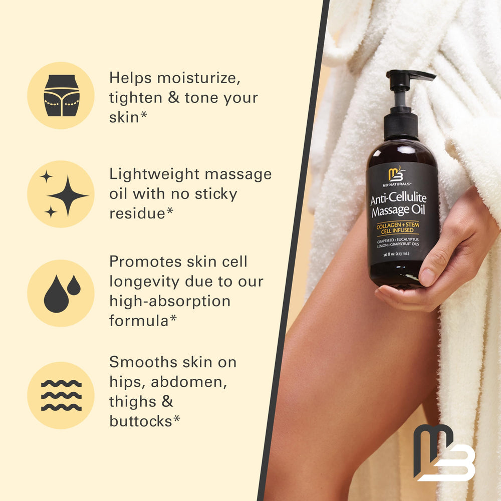 M3 Naturals firming oil applied to legs during a self-care routine