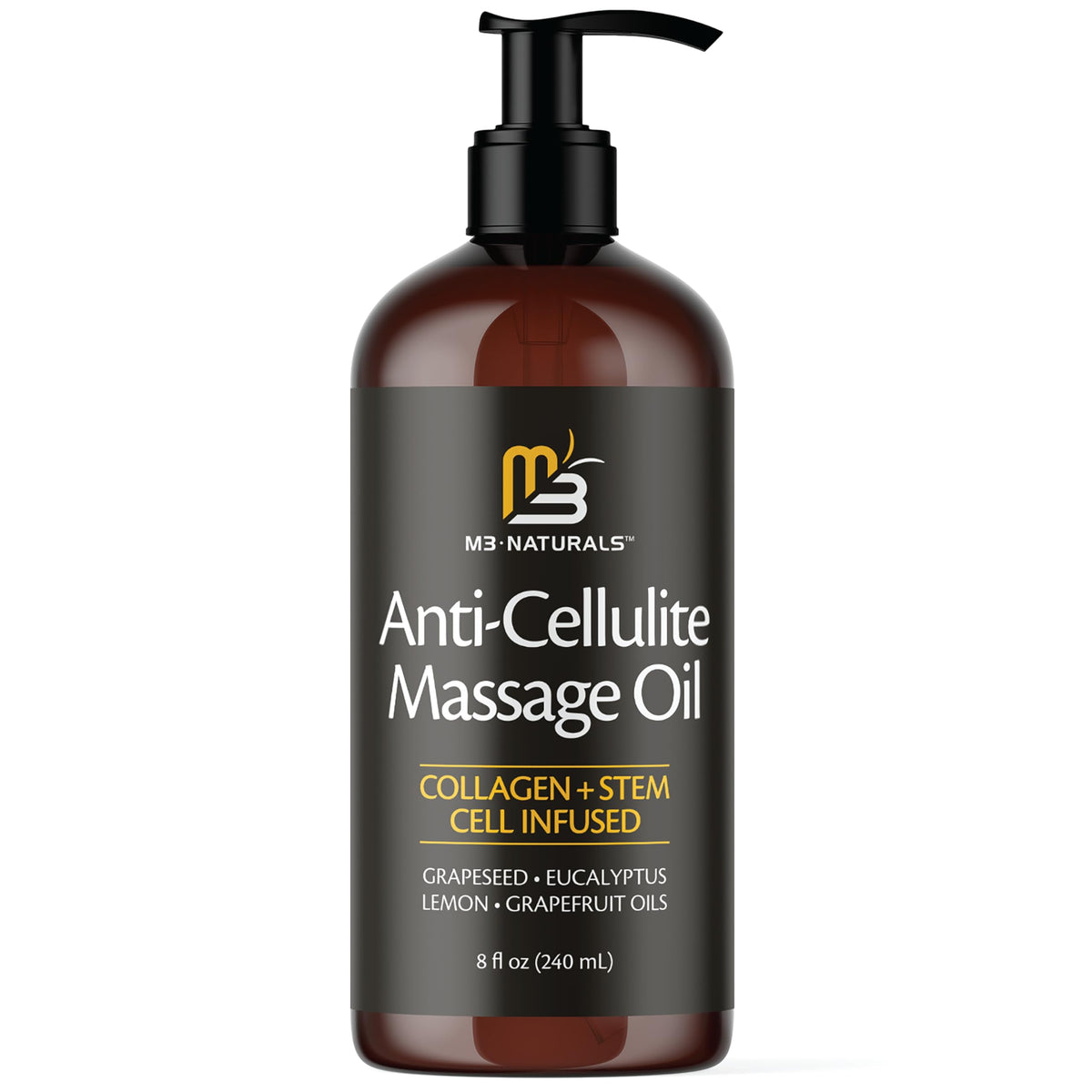 M3 Naturals Firming Oil bottle pour for smooth, hydrated skin.