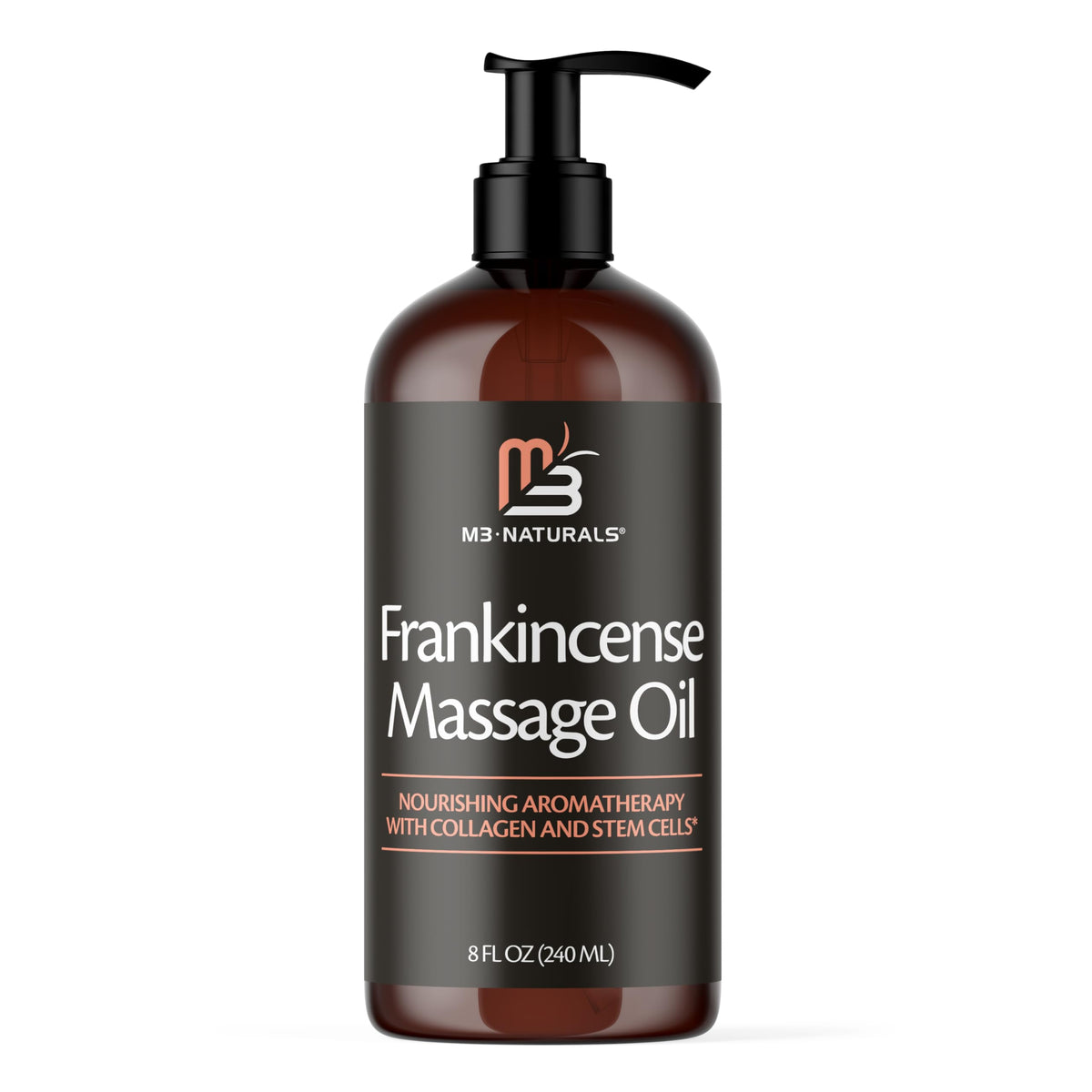 M3 Naturals Frankincense Massage Oil bottle ready for use, highlighting calming aroma and hydration