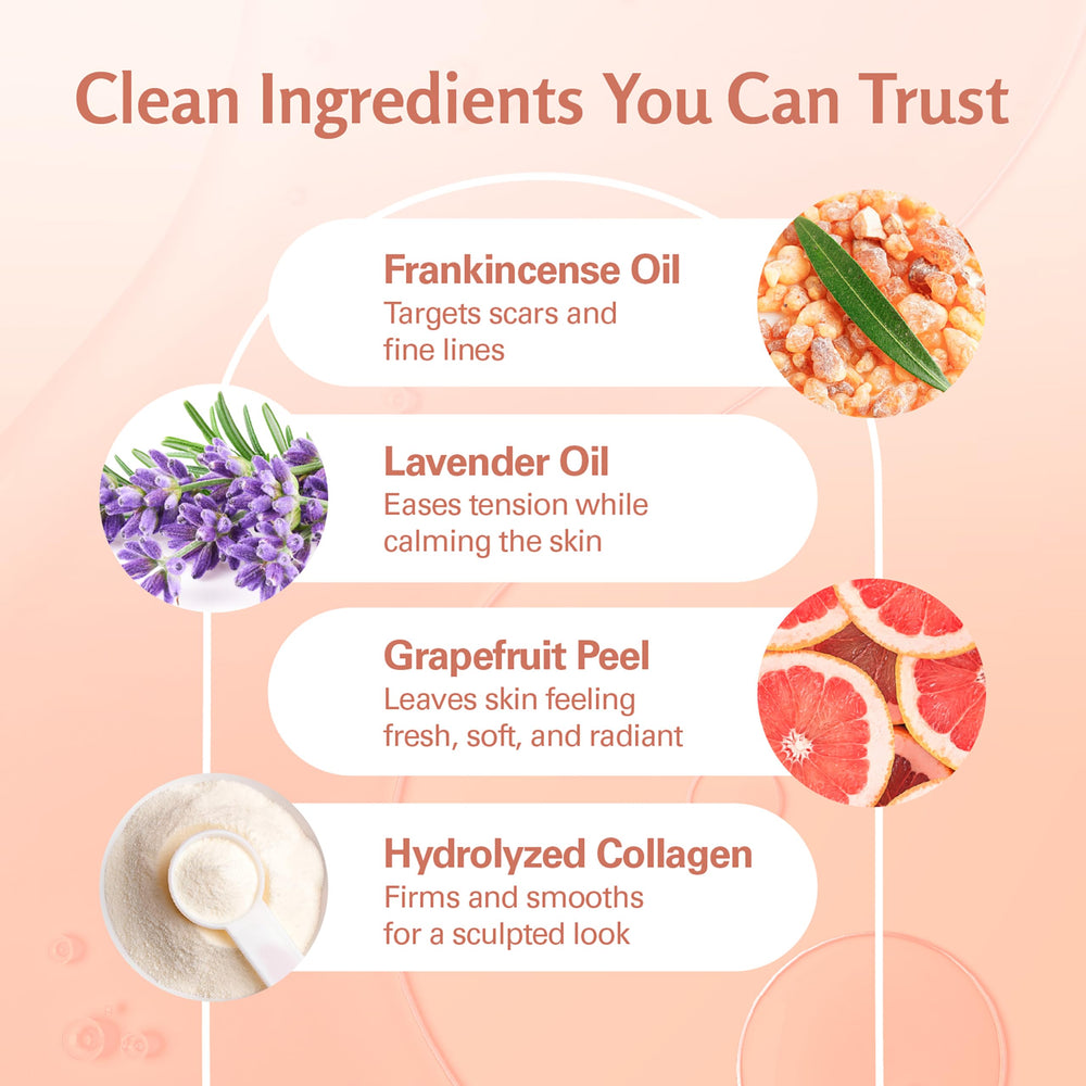 Illustration of ingredients including collagen in M3 Naturals Frankincense Massage Oil
