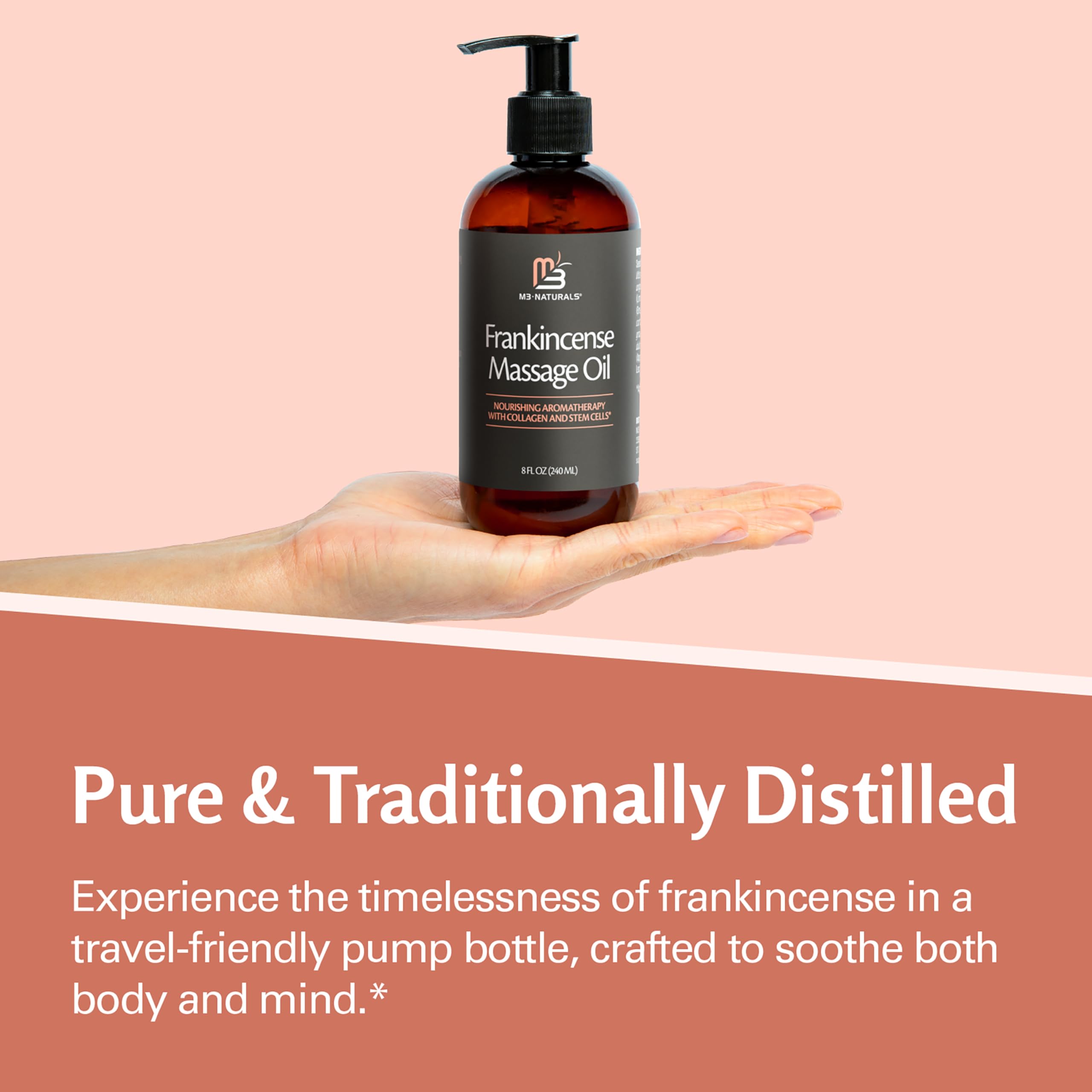 Hands applying M3 Naturals Frankincense Massage Oil on the body