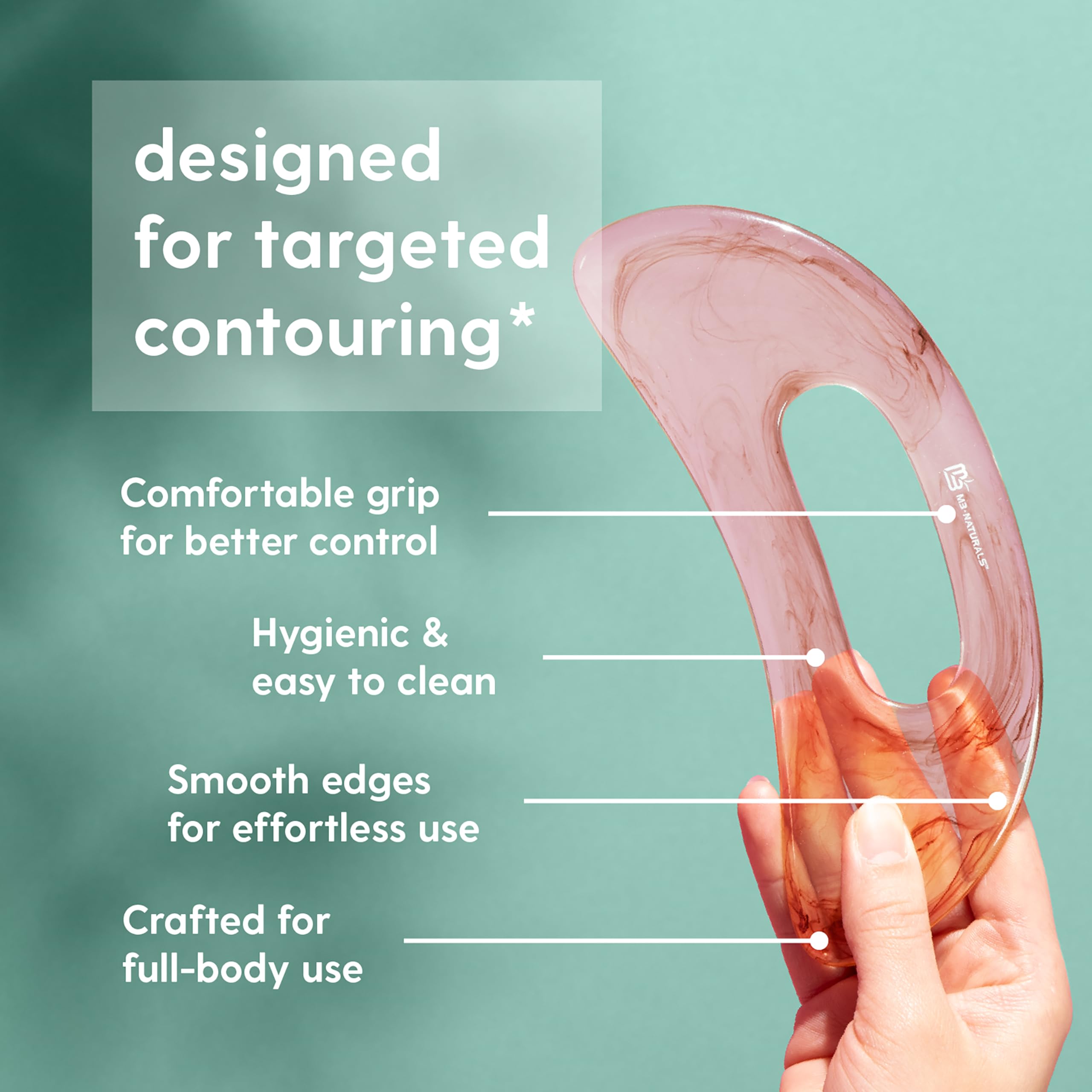 M3 Naturals gua sha tool with smooth resin finish for a silky glide.