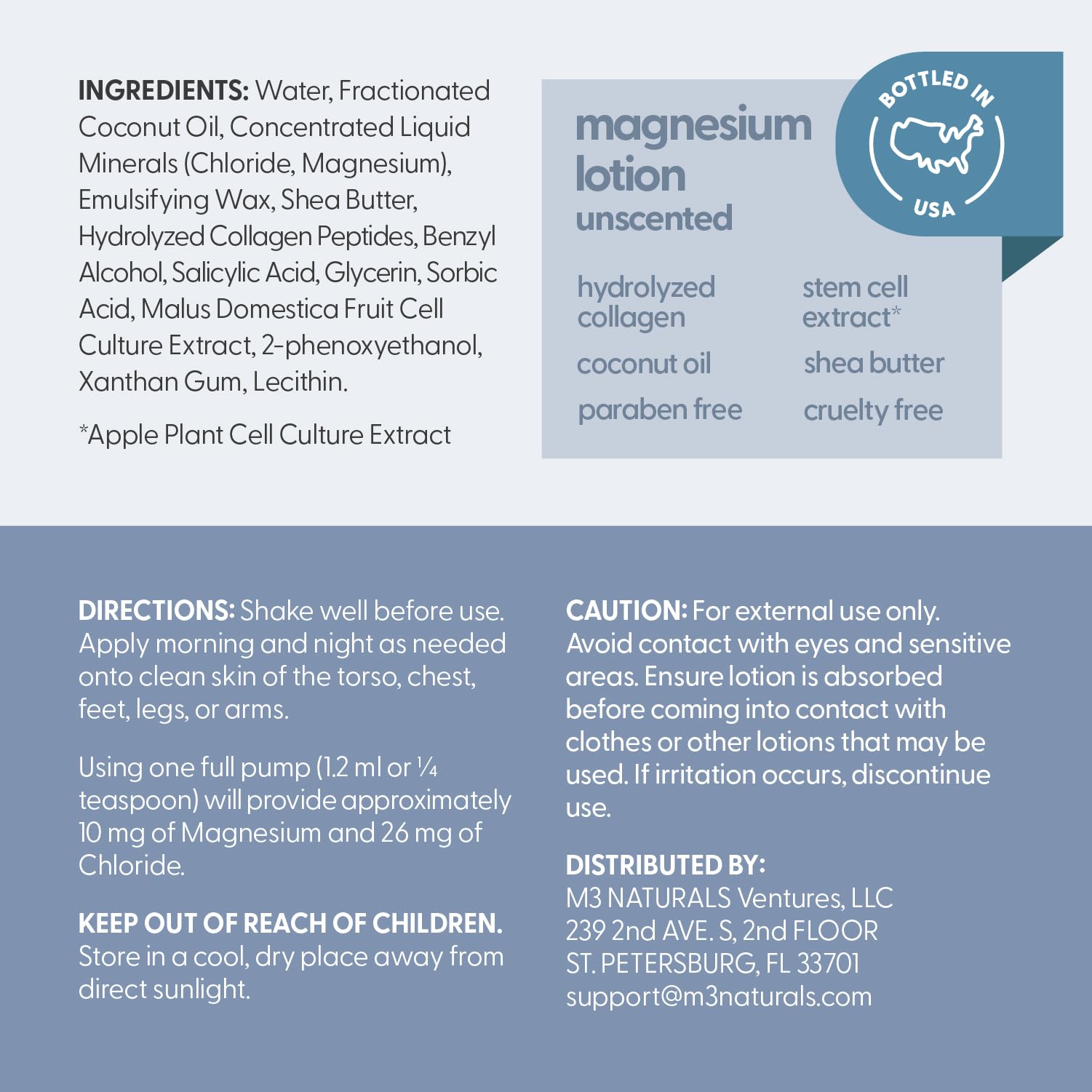 Hydrolyzed collagen and stem cell extract in M3 Naturals lotion