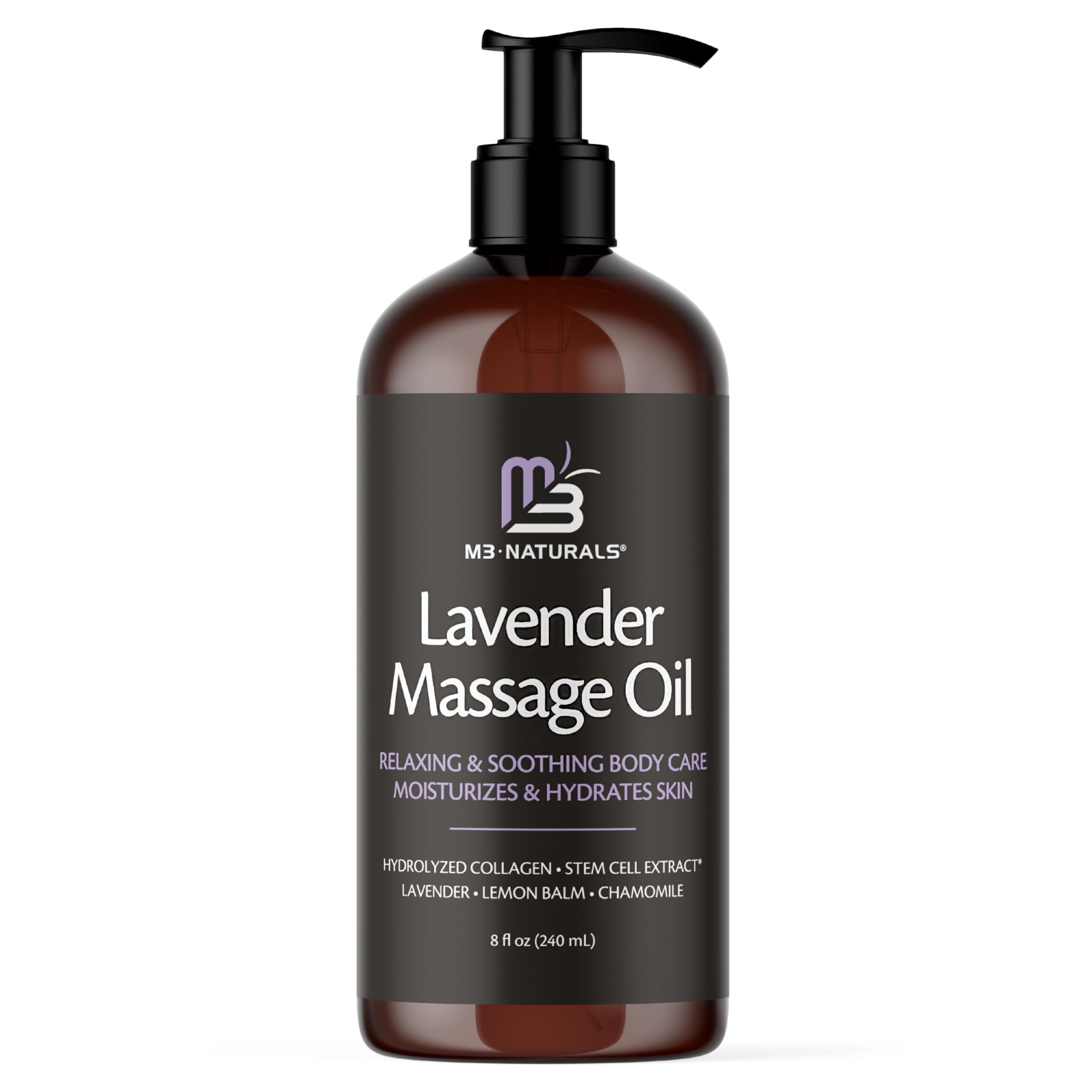 M3 Naturals lavender massage oil bottle with calming scent for skin nourishment.