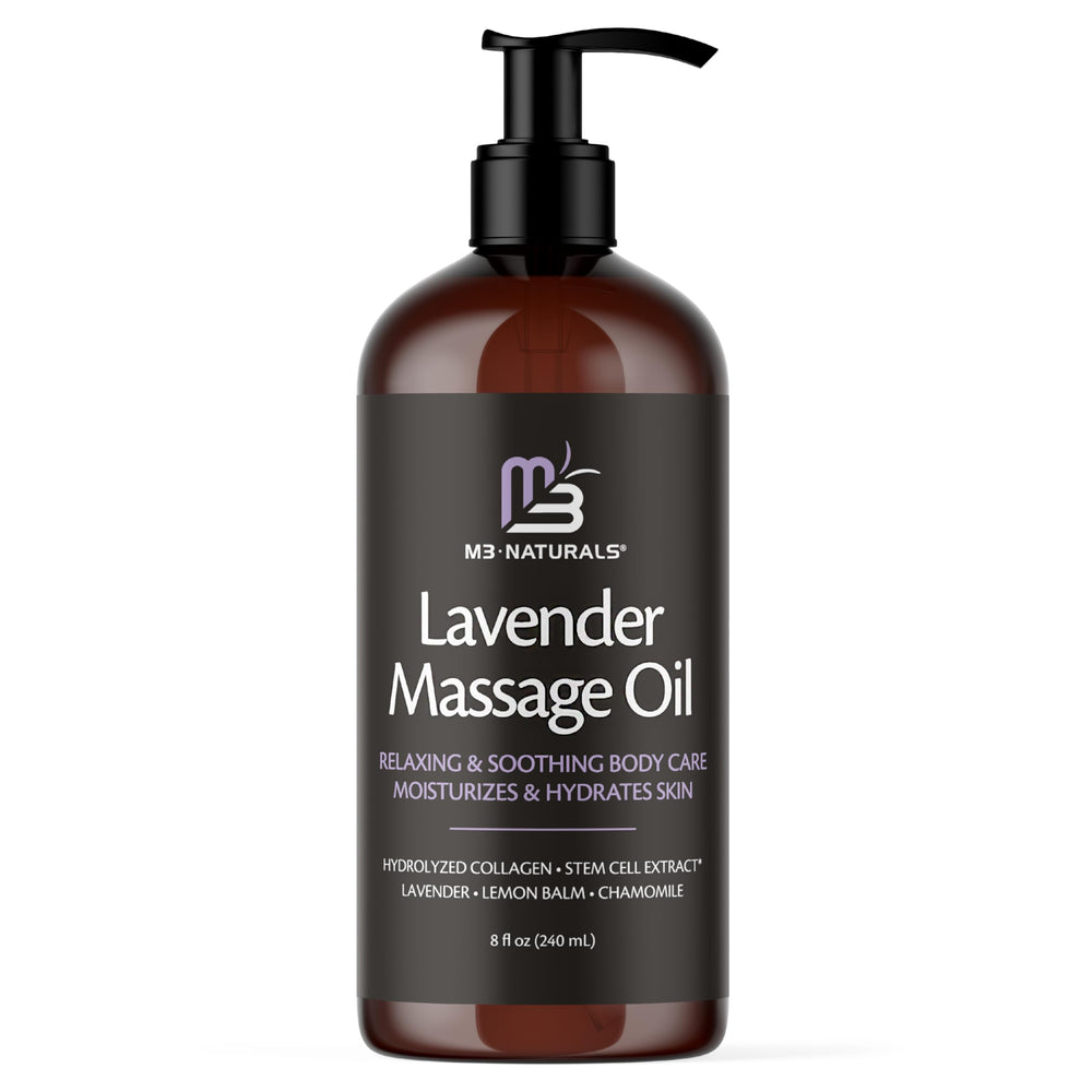 M3 Naturals lavender massage oil bottle with calming scent for skin nourishment.
