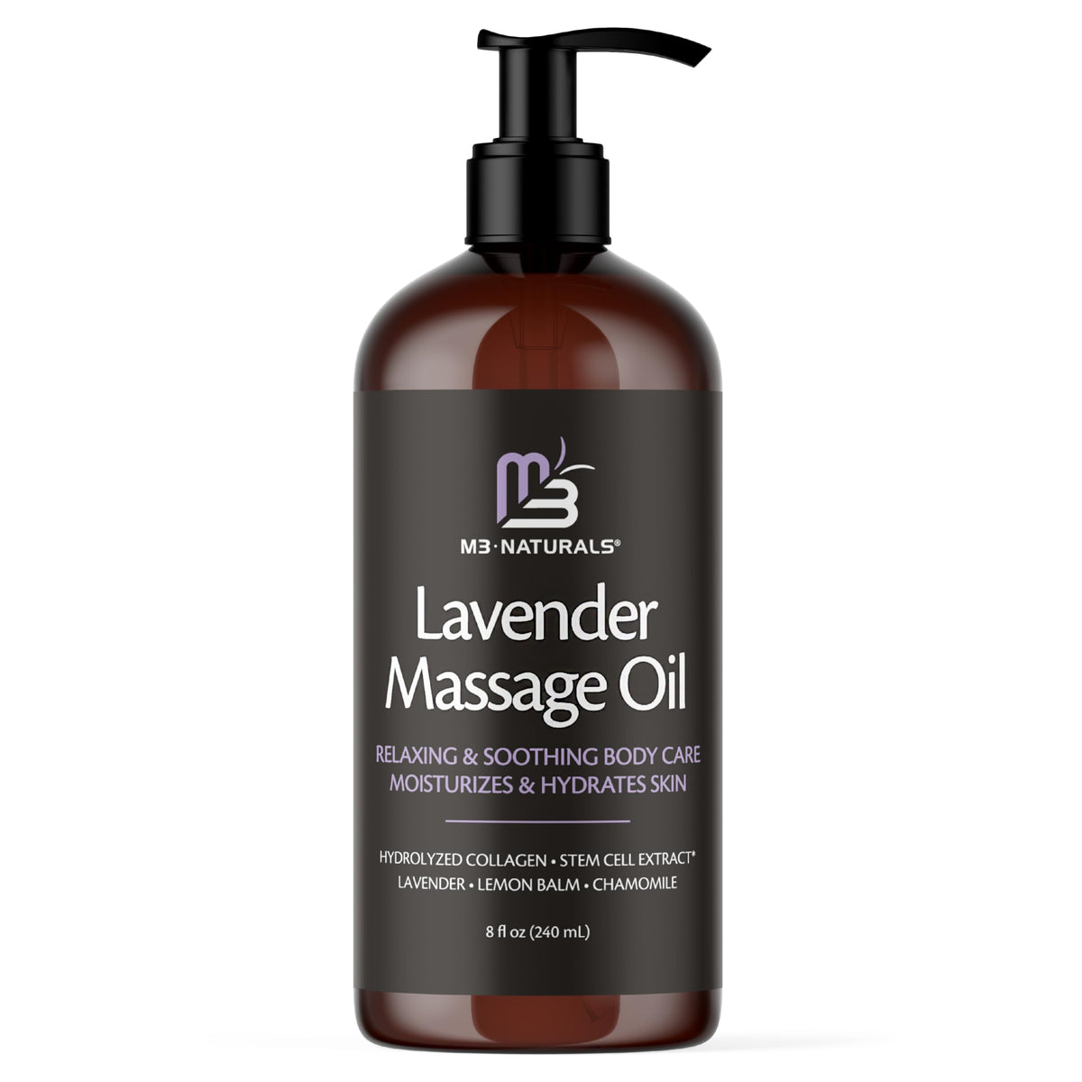 M3 Naturals lavender massage oil bottle with calming scent for skin nourishment.