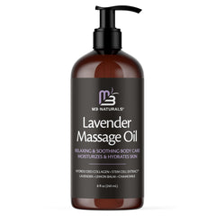 M3 Naturals lavender massage oil bottle with calming scent for skin nourishment.