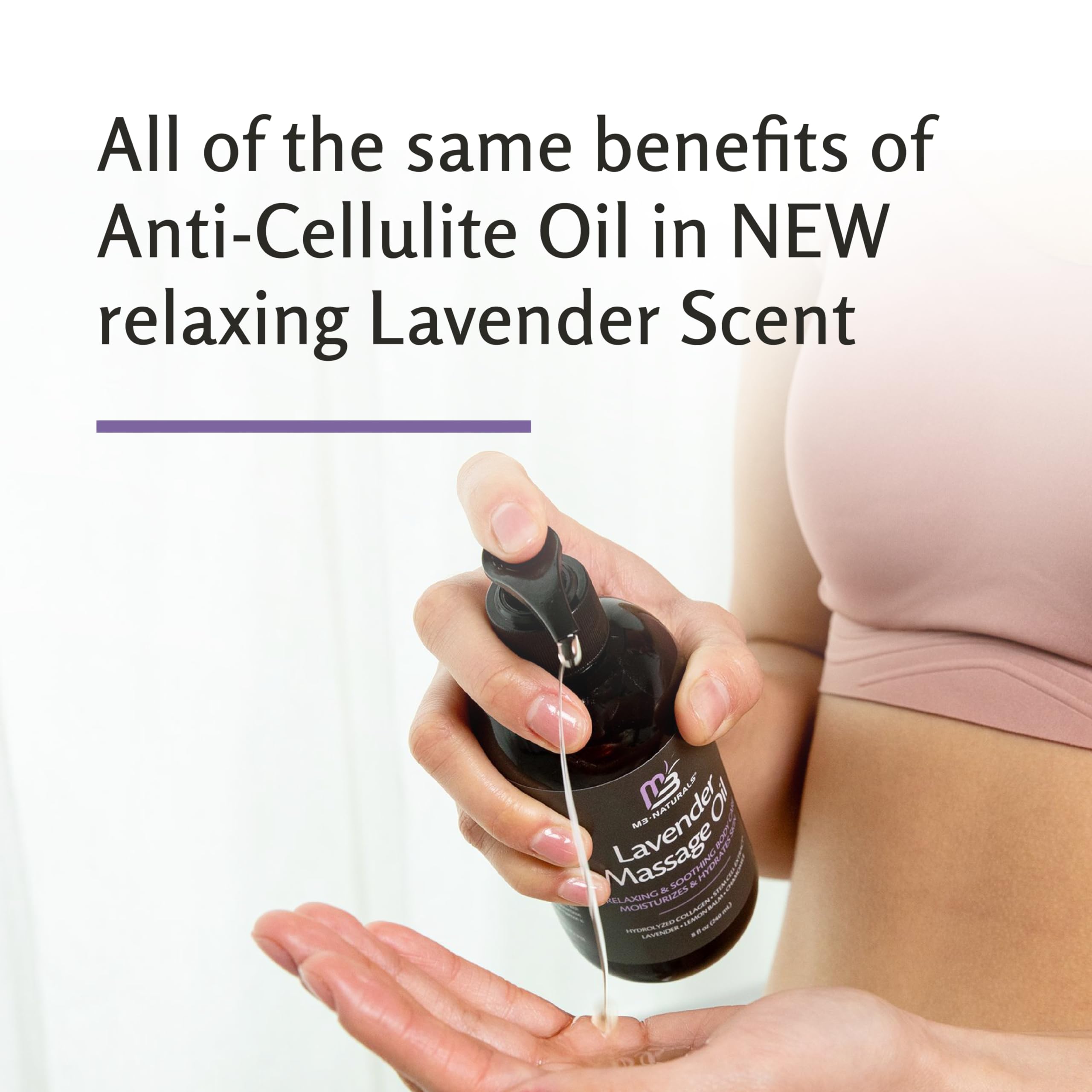 M3 Naturals Lavender Massage Oil with lavender blooms beside bottle for soothing massage aroma.