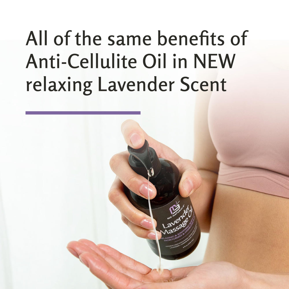 M3 Naturals Lavender Massage Oil with lavender blooms beside bottle for soothing massage aroma.