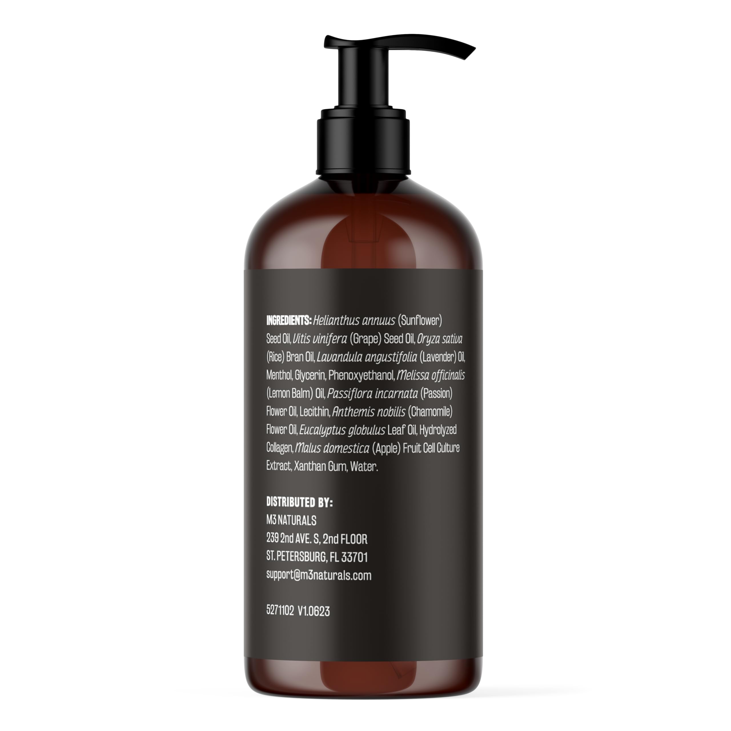 M3 Naturals Lavender Massage Oil pump demonstrates easy application for calming self-care routines.