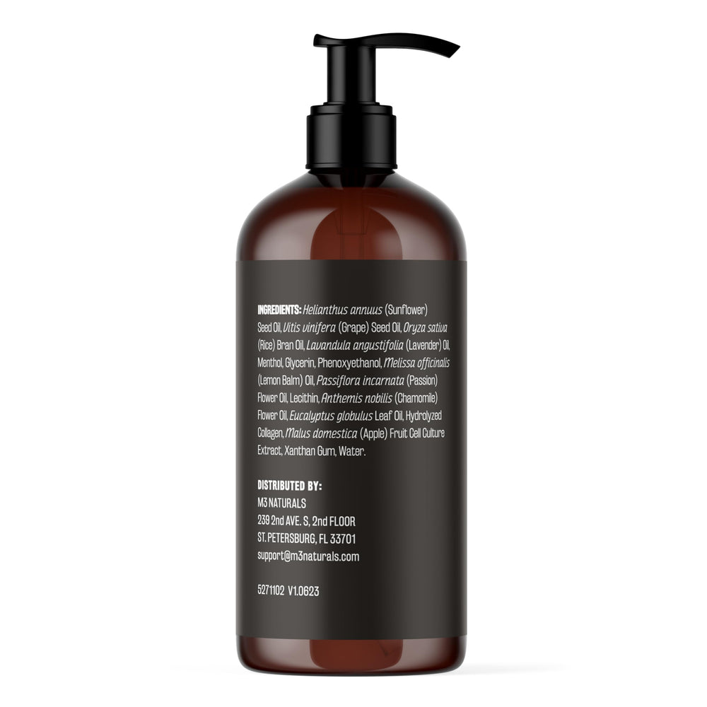 M3 Naturals Lavender Massage Oil pump demonstrates easy application for calming self-care routines.