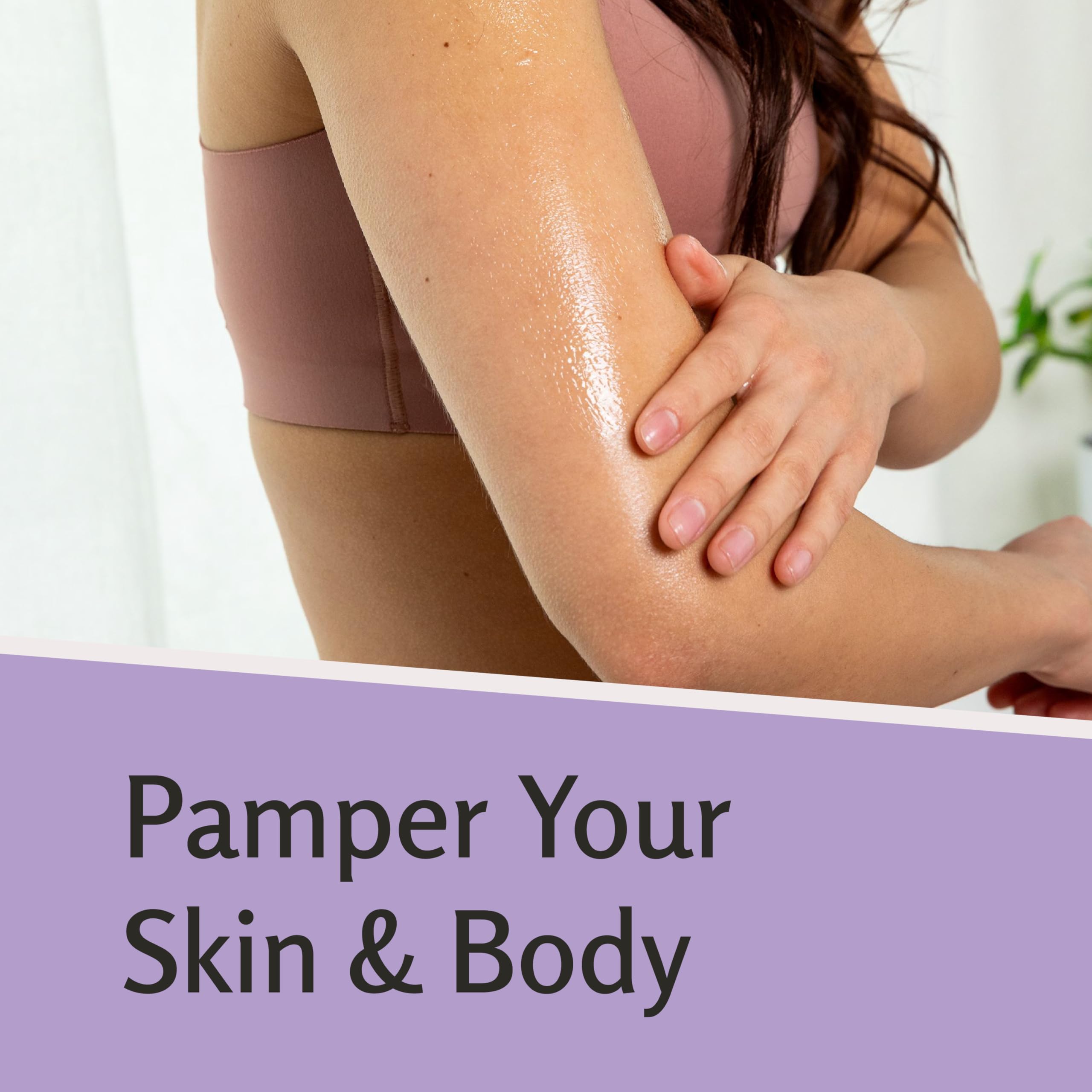 Close-up texture of M3 Naturals Lavender Massage Oil suggests smooth, non-greasy skin feel.
