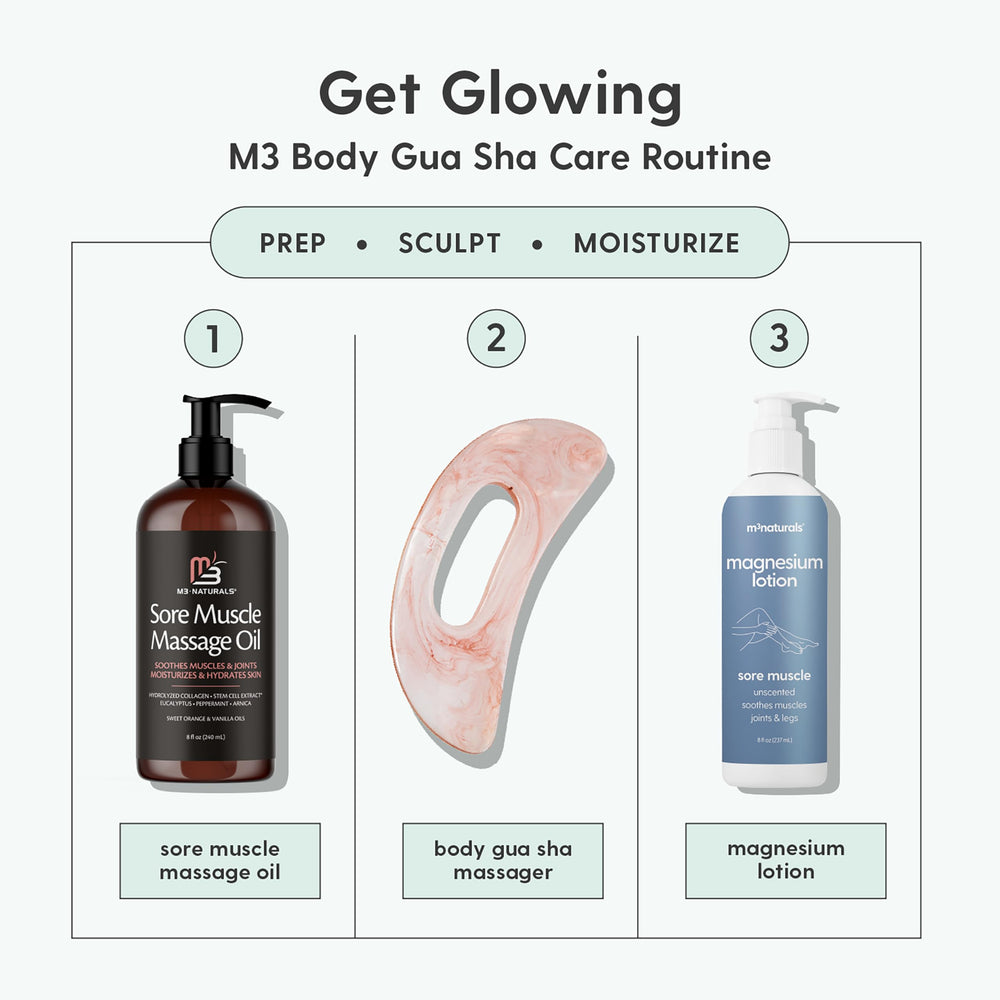 M3 Naturals pink gua sha for lymphatic drainage and relaxing routines.