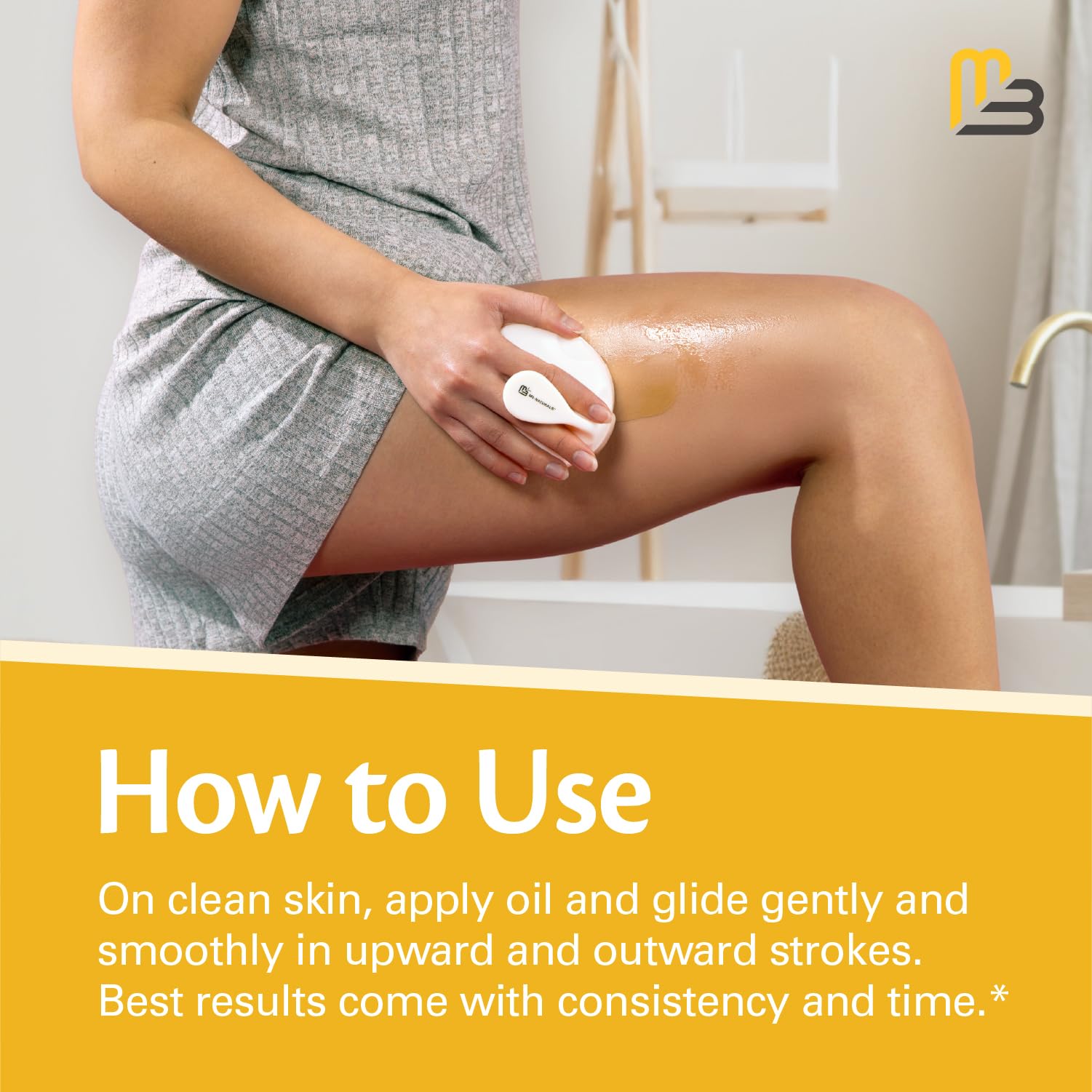 M3 Naturals ergonomic grip aids comfortable, extended self-care sessions on back and glutes.