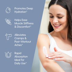 M3 Naturals magnesium lotion application pump showing rapid absorption with non-greasy finish.