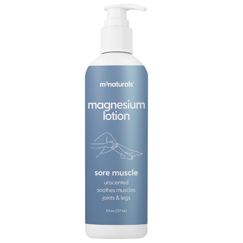 M3 Naturals sore muscle magnesium lotion bottle, soothing post-workout relief for tired legs and joints.
