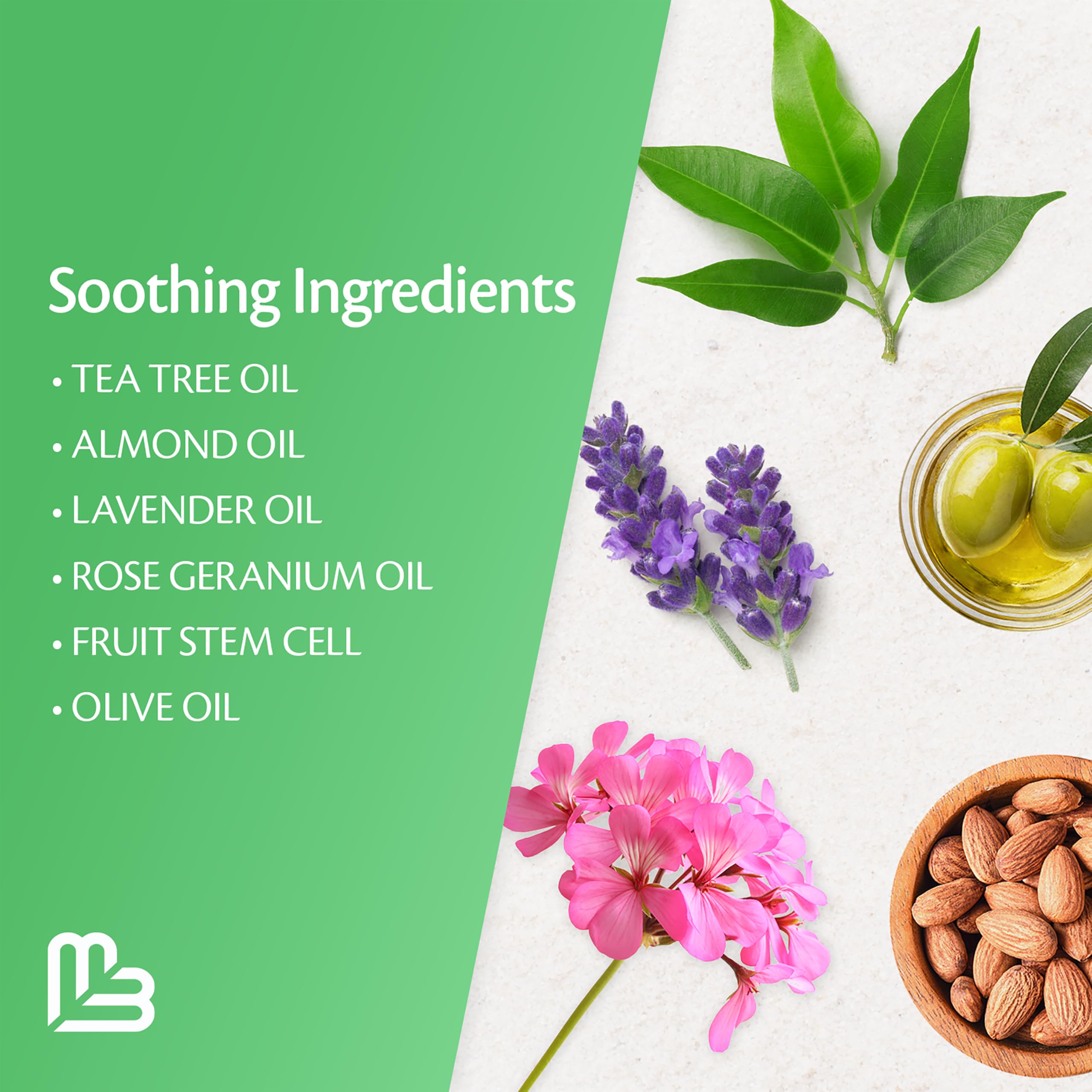 Key ingredients include tea tree oil, almond oil, and fruit stem cells for nourishment.