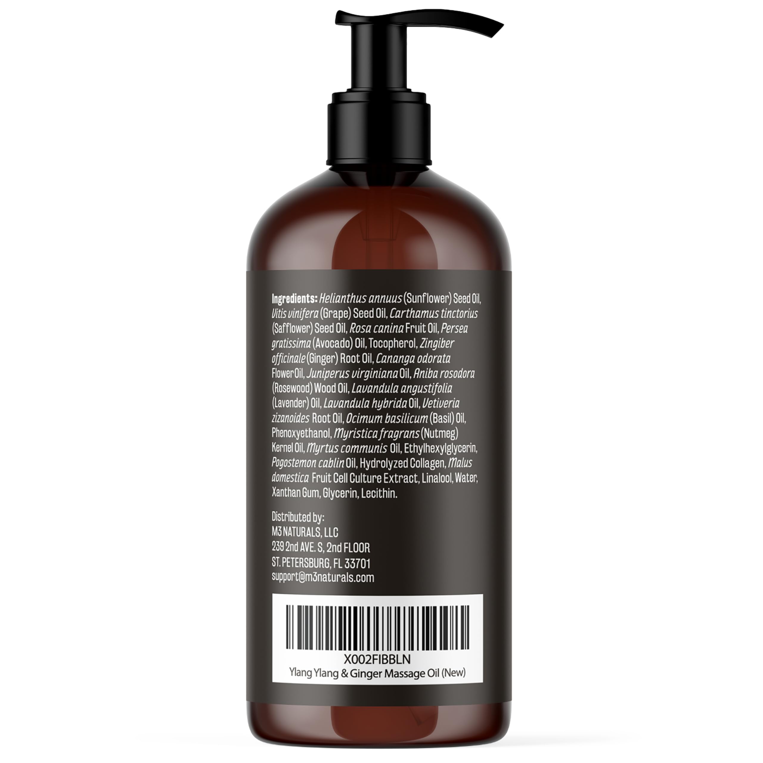 M3 Naturals Ylang Ylang + Ginger bottle pour shows light, fast-absorbing oil