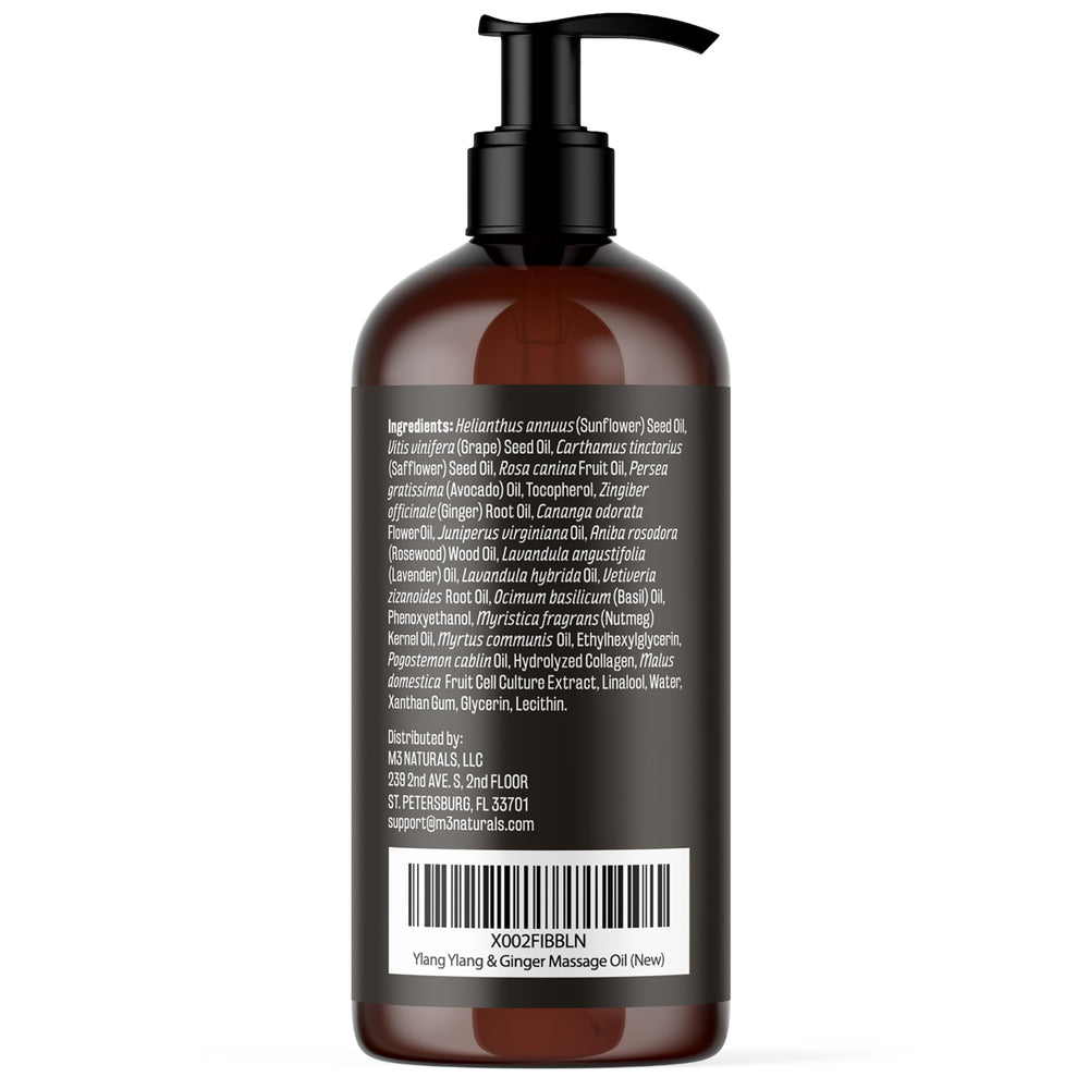 M3 Naturals Ylang Ylang + Ginger bottle pour shows light, fast-absorbing oil