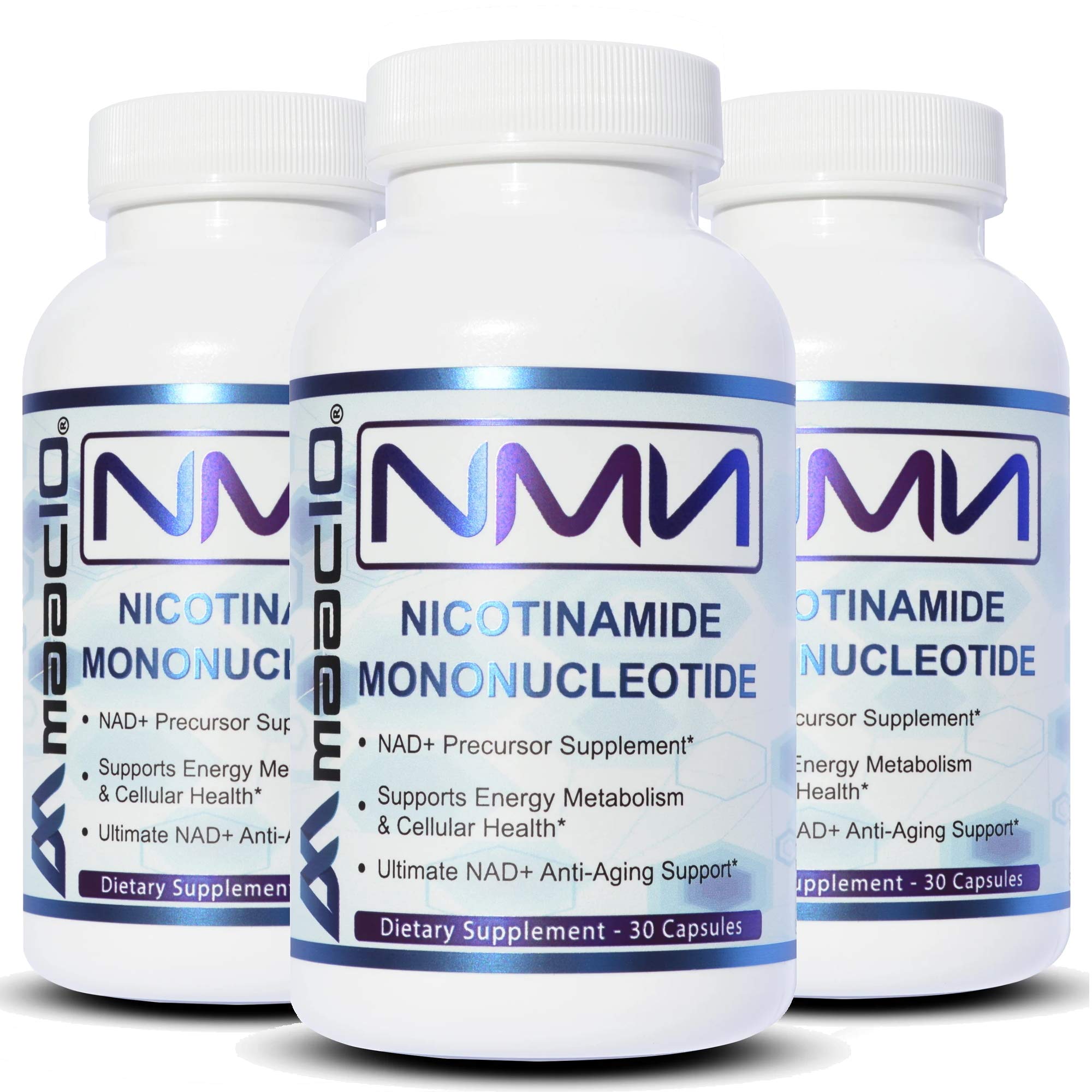 MAAC10 NMN capsules bottle showing 125mg dose for cellular energy support.