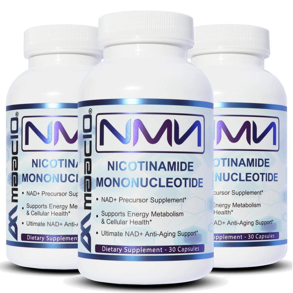 MAAC10 NMN capsules bottle showing 125mg dose for cellular energy support.