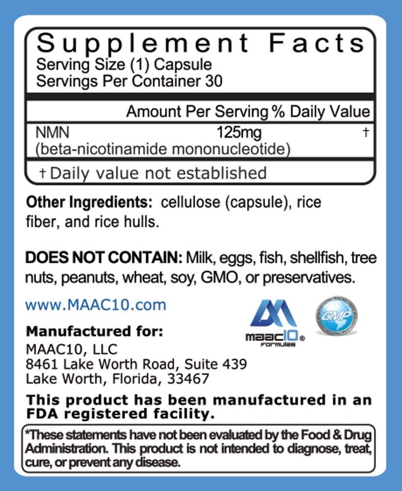 MAAC10 NMN pure pharmaceutical-grade capsules highlighting stability and quality.