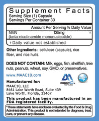 MAAC10 NMN pure pharmaceutical-grade capsules highlighting stability and quality.