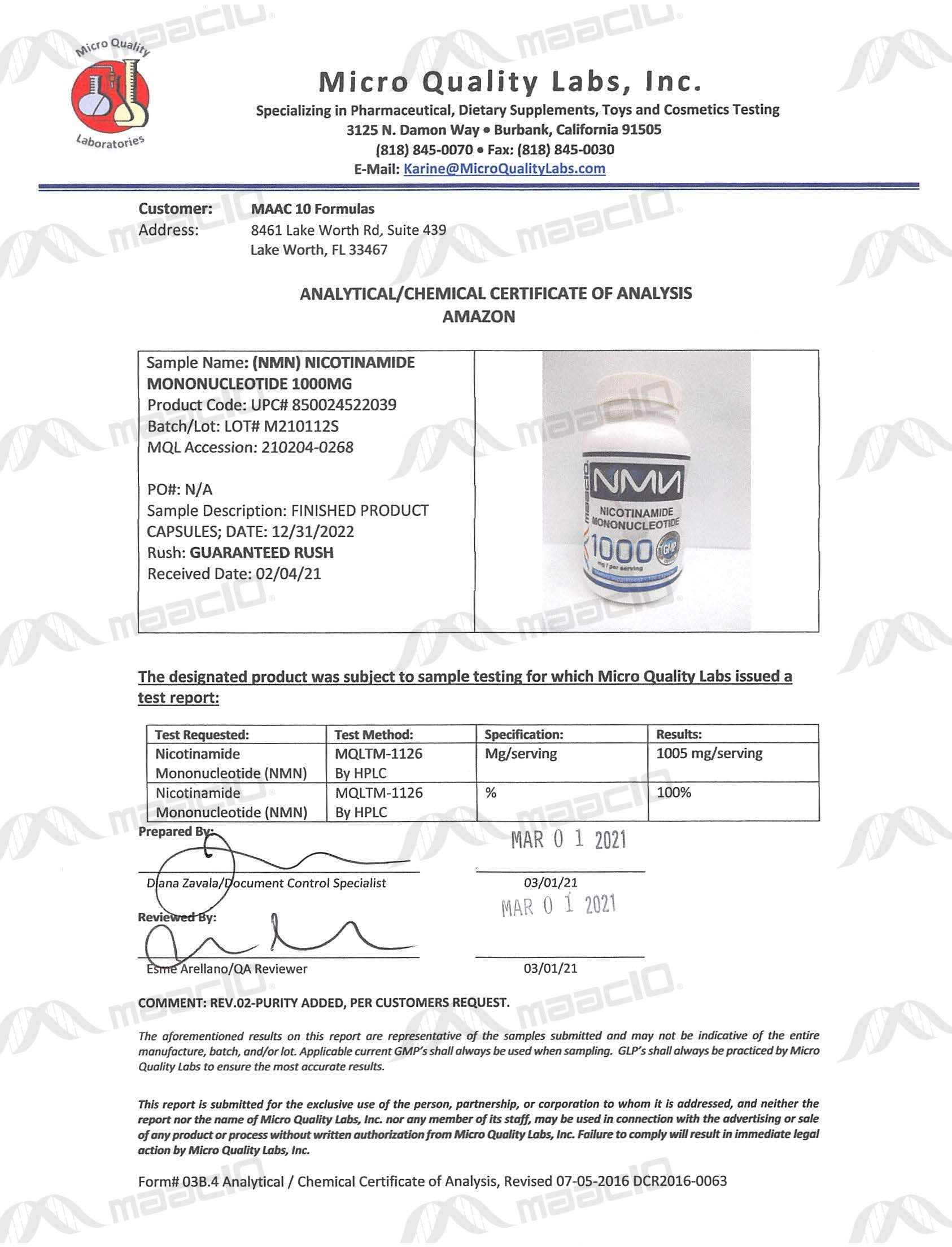 MAAC10 NMN bottle in a GMP-certified facility in Miami.
