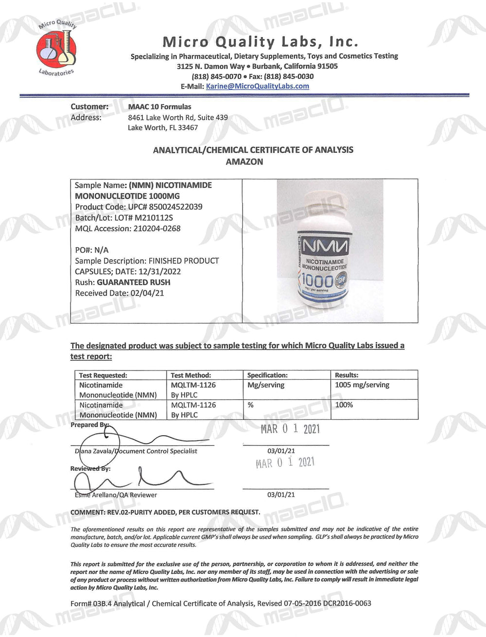 MAAC10 NMN bottle in a GMP-certified facility in Miami.