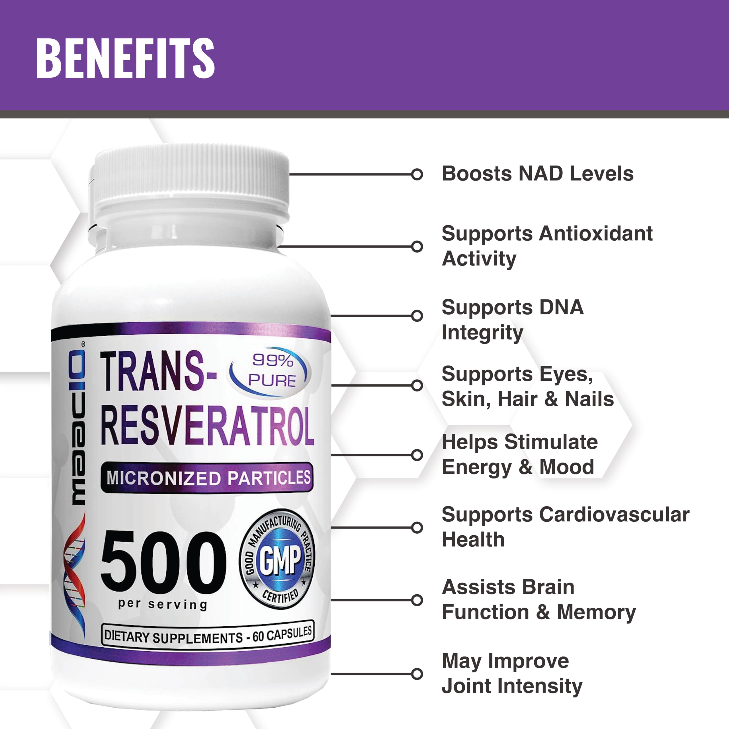 MAAC10 Trans Resveratrol 3-pack bottle back with supplement facts and dose