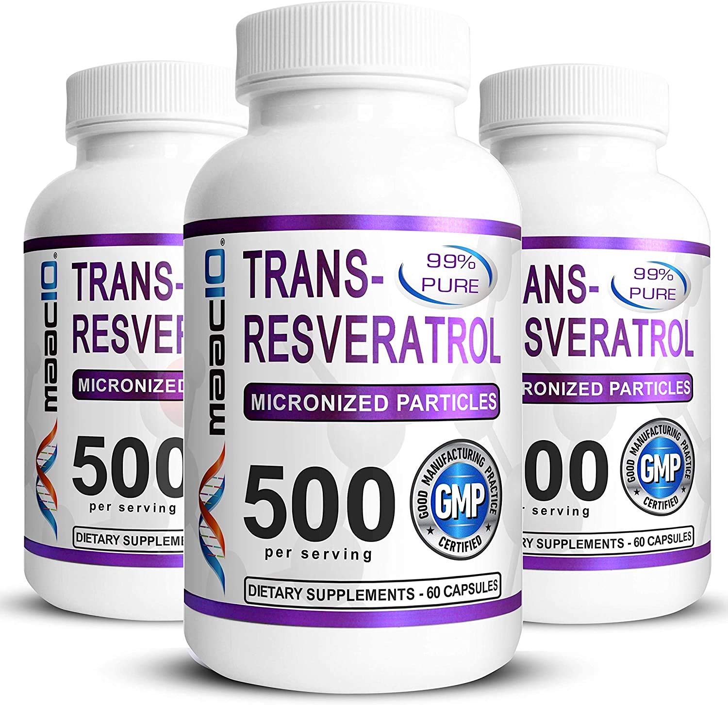 MAAC10 Trans Resveratrol 3-pack bottle front with capsules for daily wellness support