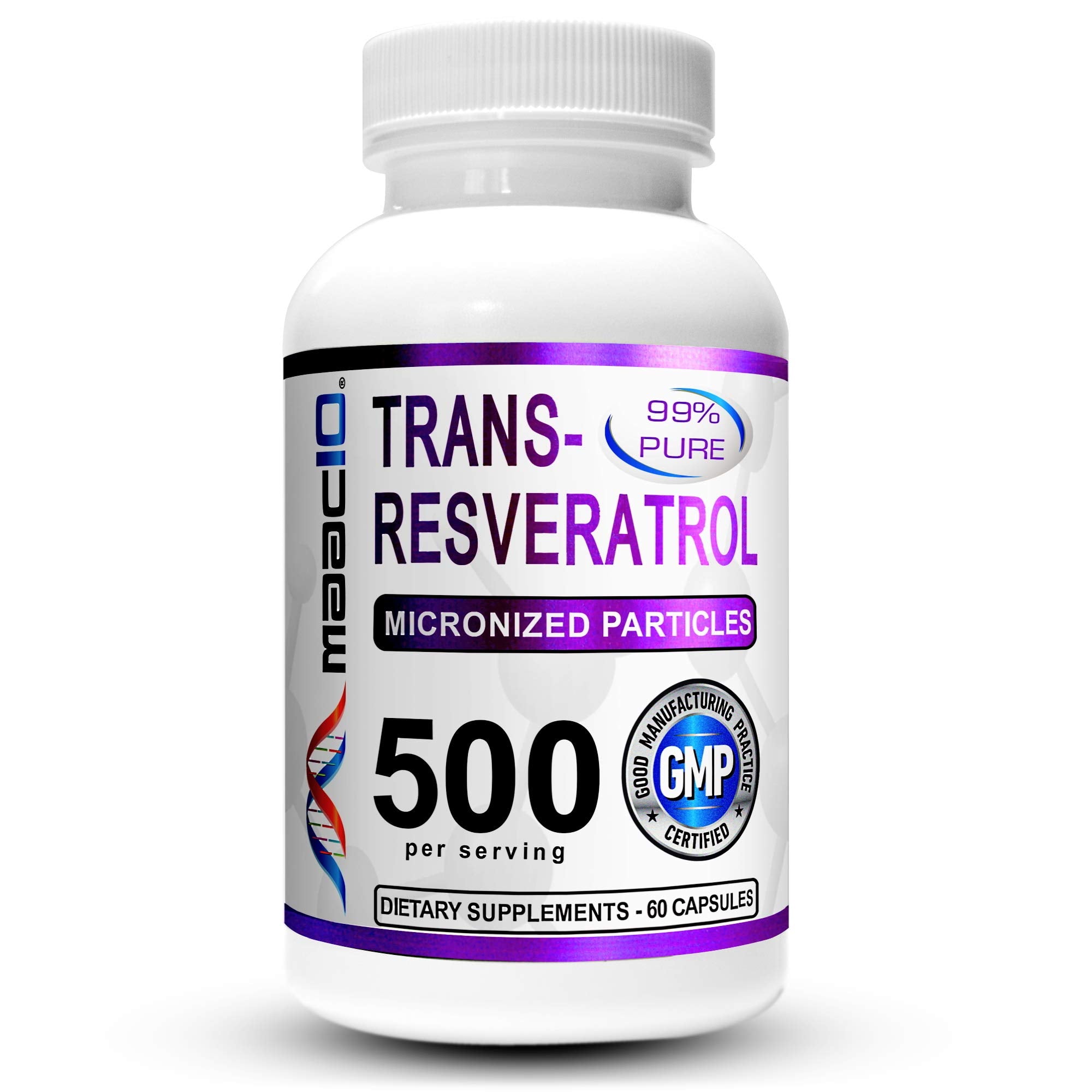 MAAC10 Trans Resveratrol bottle cap close-up showing easy-to-swallow capsules.