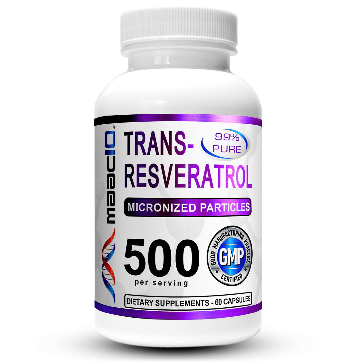 MAAC10 Trans Resveratrol bottle cap close-up showing easy-to-swallow capsules.