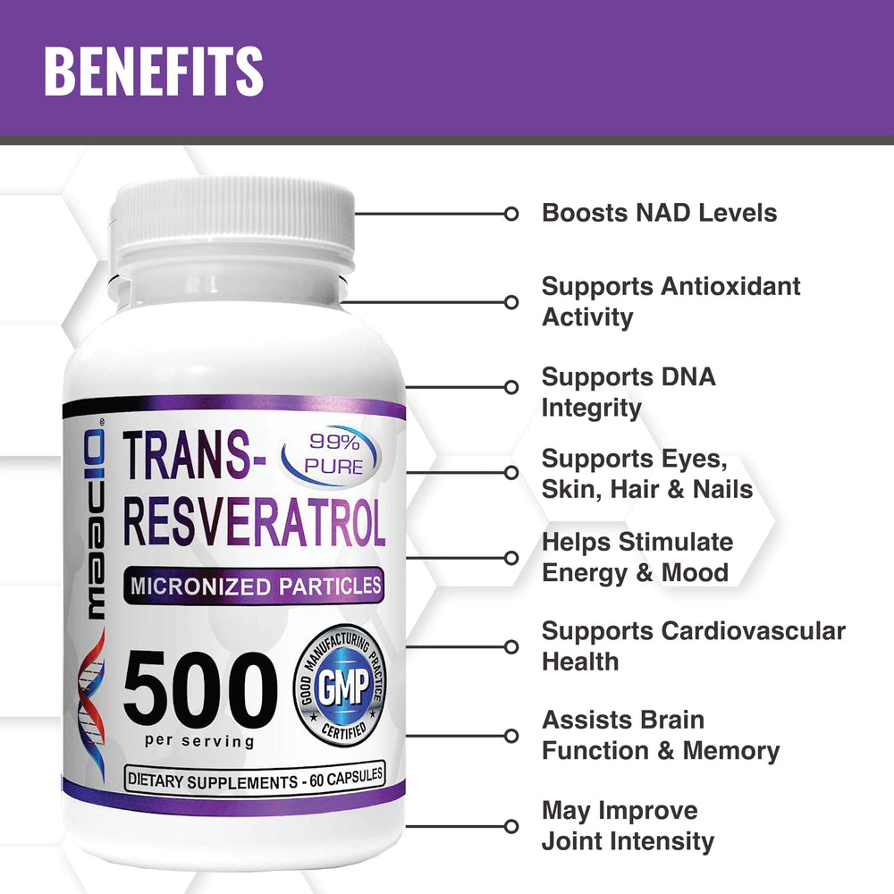 MAAC10 Trans Resveratrol capsules close-up highlighting micronized purity.
