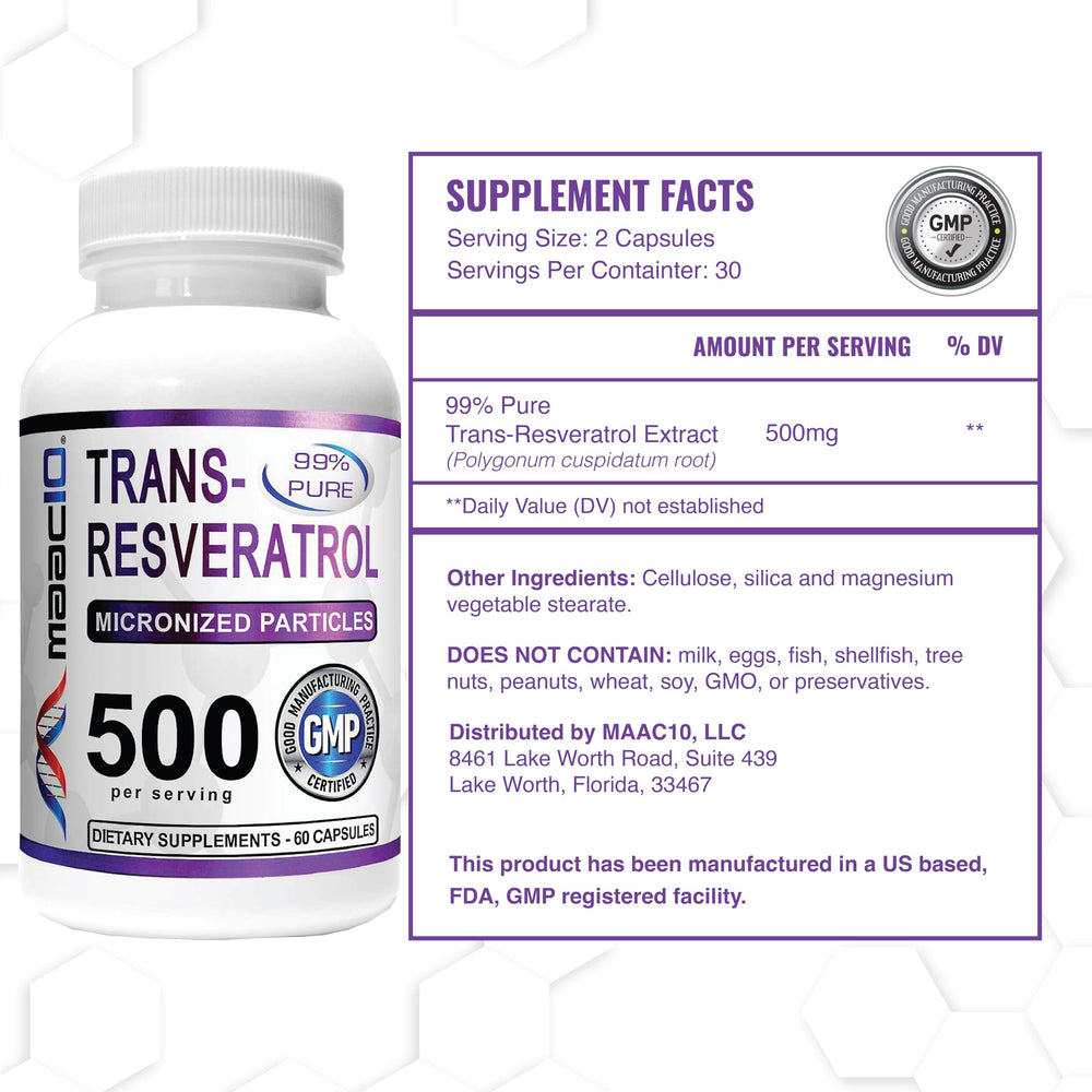 Label detail showing Bioperine and 500 mg resveratrol per serving on MAAC10 bottle