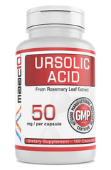 MAAC10 Ursolic Acid 50mg bottle highlighting daily dosage and packaging for wellness exploration.