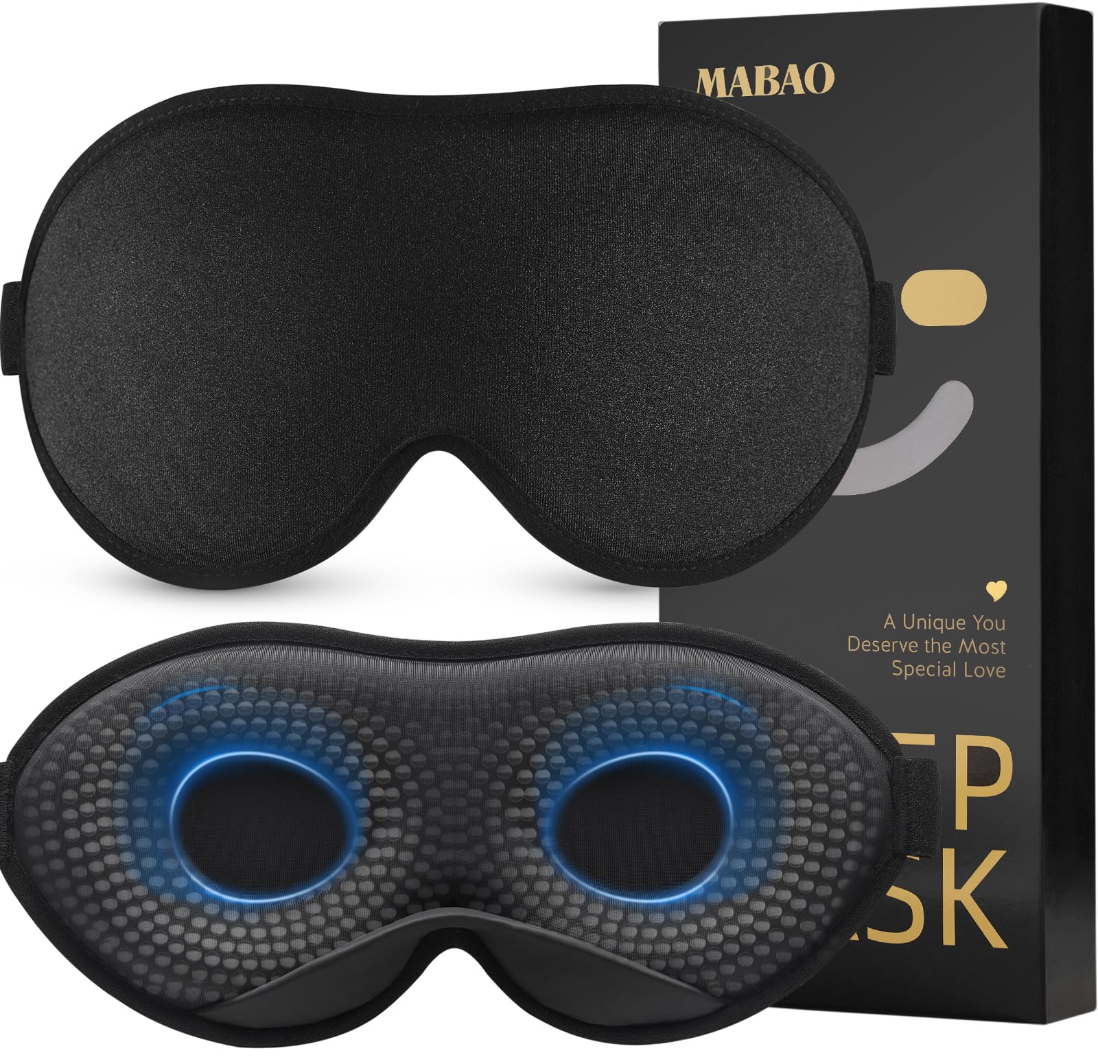 MABAO weighted sleep mask with nose pad delivers full light blocking for undisturbed rest.