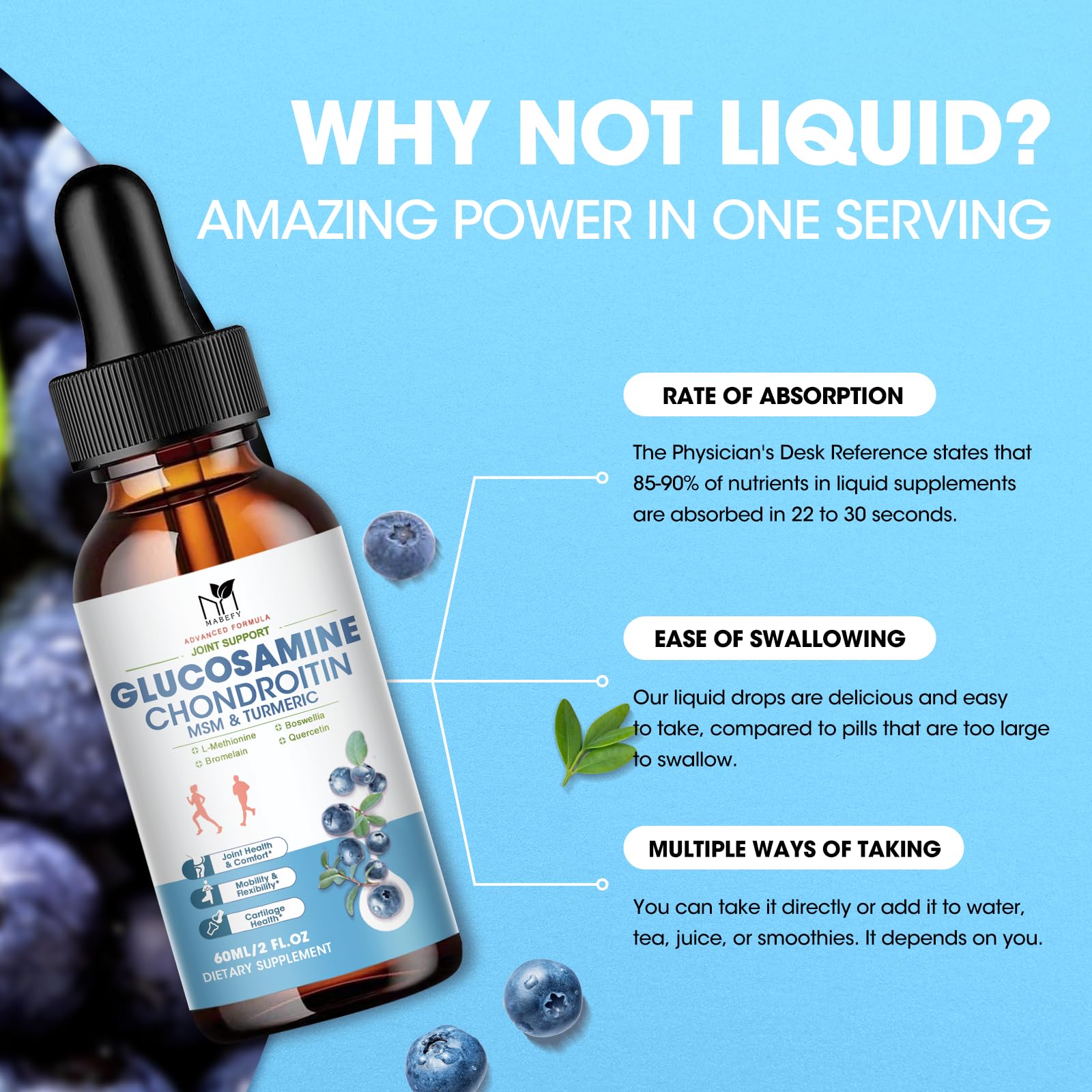 MABEFY bottle with label and blueberries communicates wellness and flavor